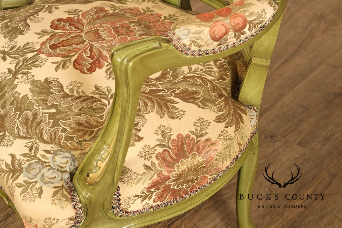 Vintage Louis XV Style Green Painted Floral Upholstered Armchair