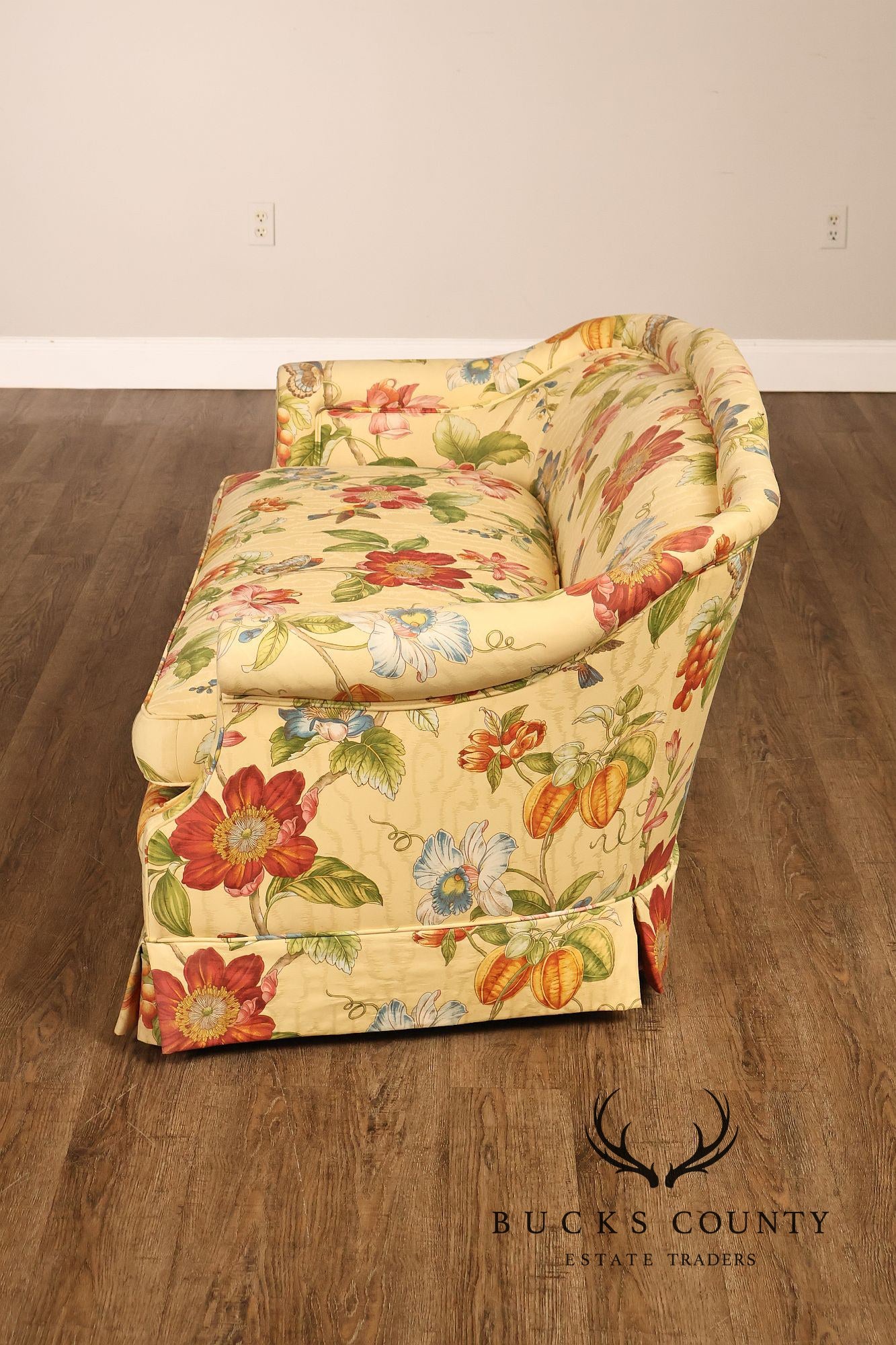 Custom Upholstered Pair Of Floral Chintz Skirted Loveseats