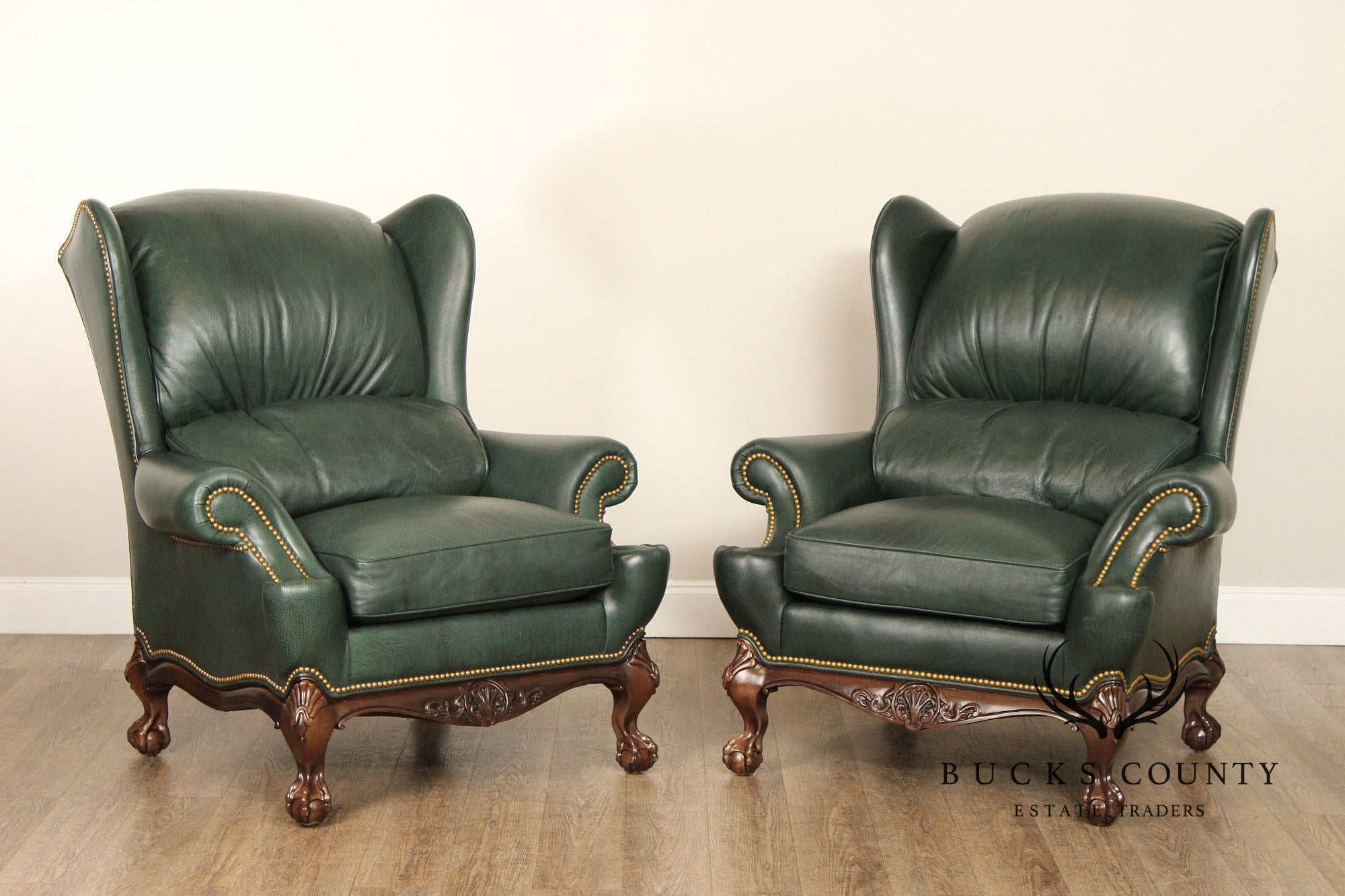 Hancock & Moore Chippendale Style Pair Of Green Leather Bustle Back Wing Chairs