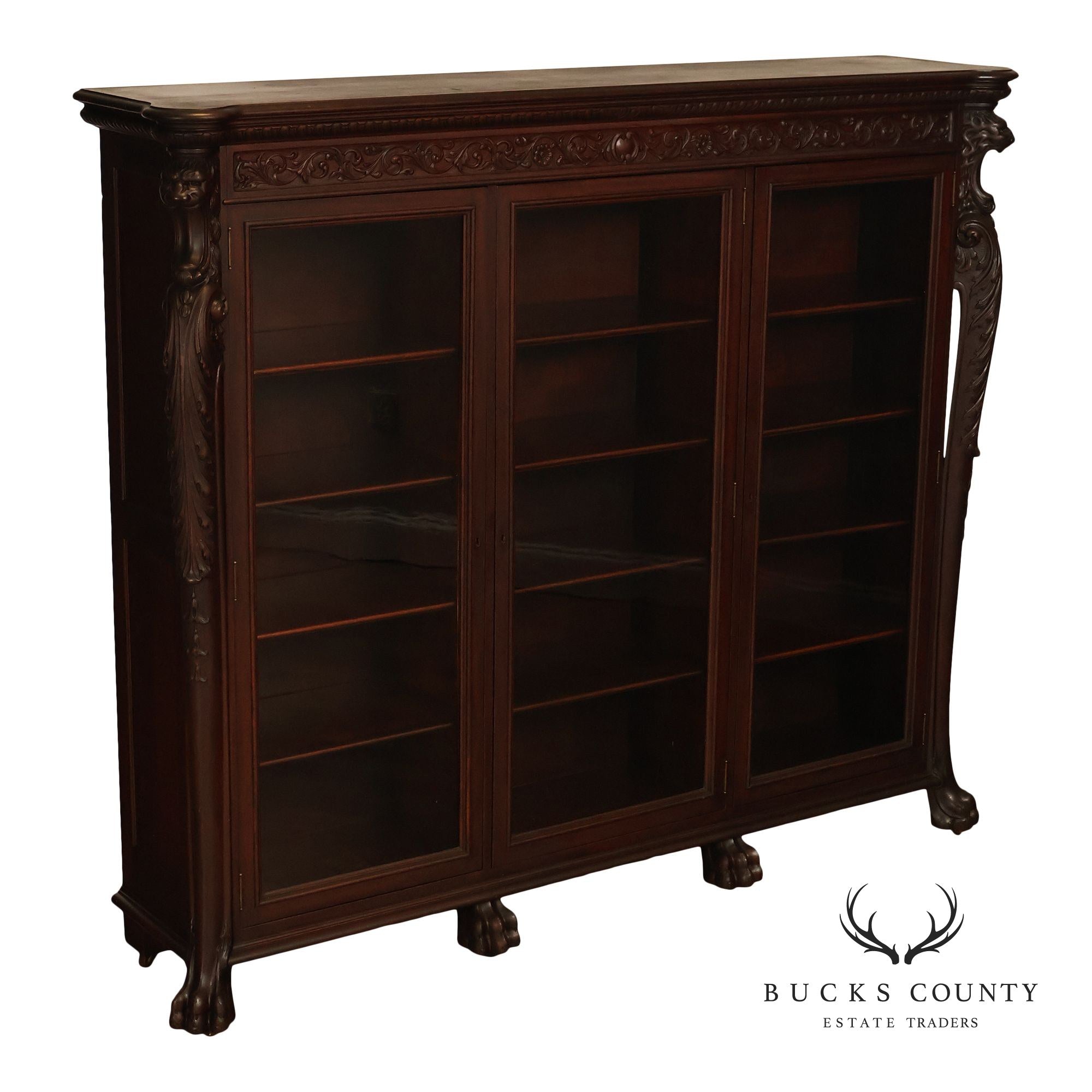 Antique R.J. Horner Lion Carved Mahogany Three-Door Bookcase