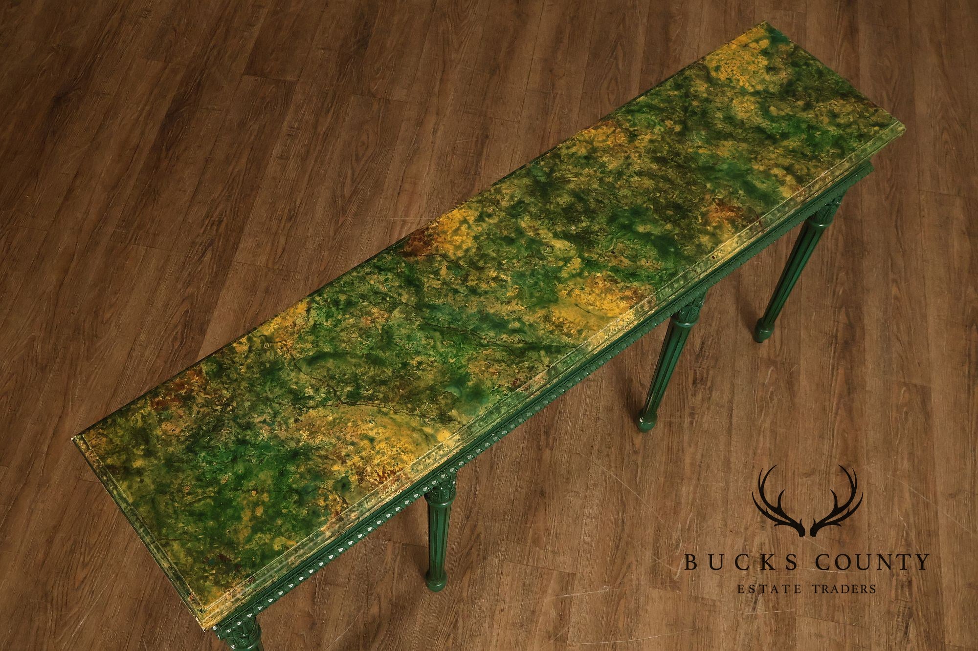 Neoclassical Style Narrow Custom Quality Console Table With Faux Marble Top