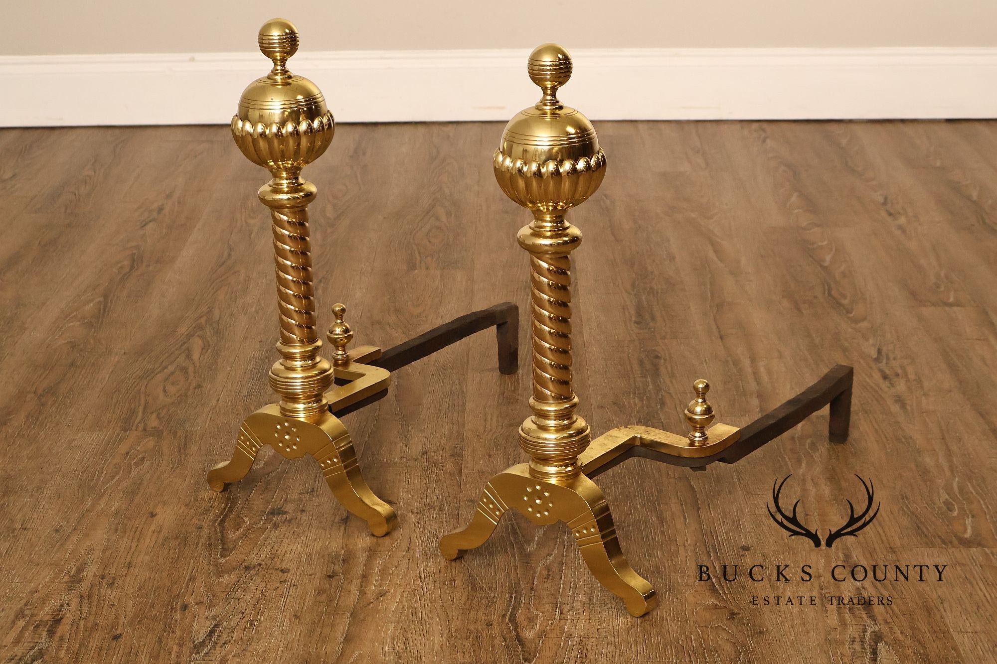 Georgian Style Pair of Polished Brass Fireplace Andirons