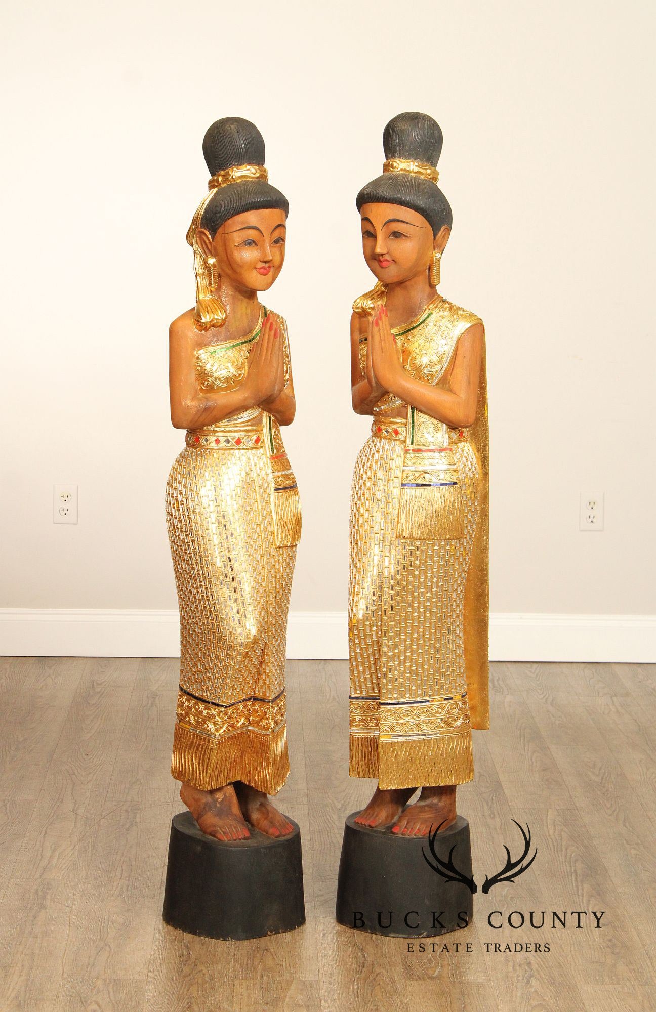 Thai Style Pair of 'Sawasdee' Carved Lady Statues