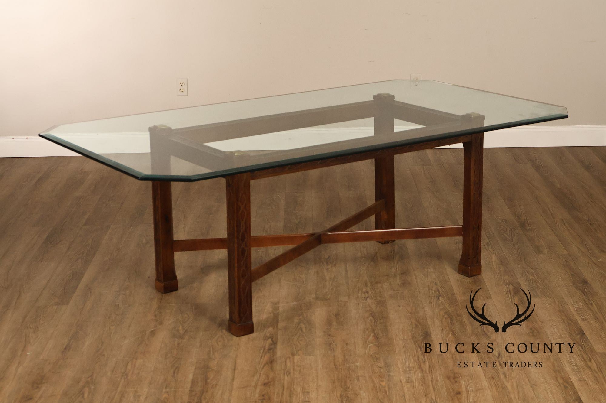 Chinese Chippendale Style Glass Top Mahogany Dining Table