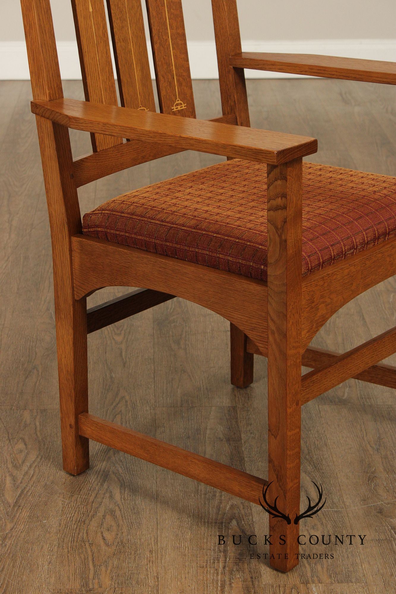 Stickley Mission Collection Set Of Four Harvey Ellis Oak Inlaid Dining Chairs