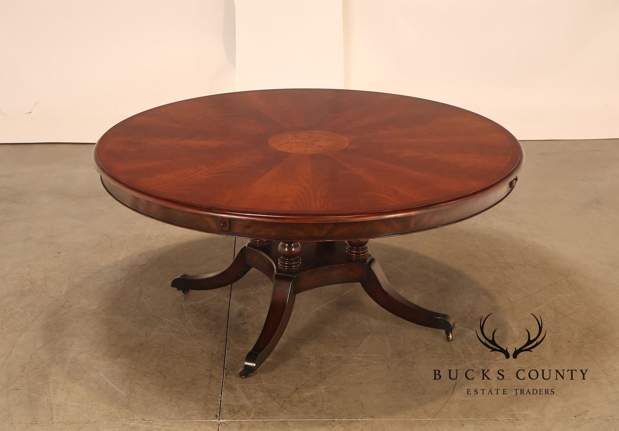 Theodore Alexander Regency Style Mahogany Round Dining Table With Expandable 4 Leaves