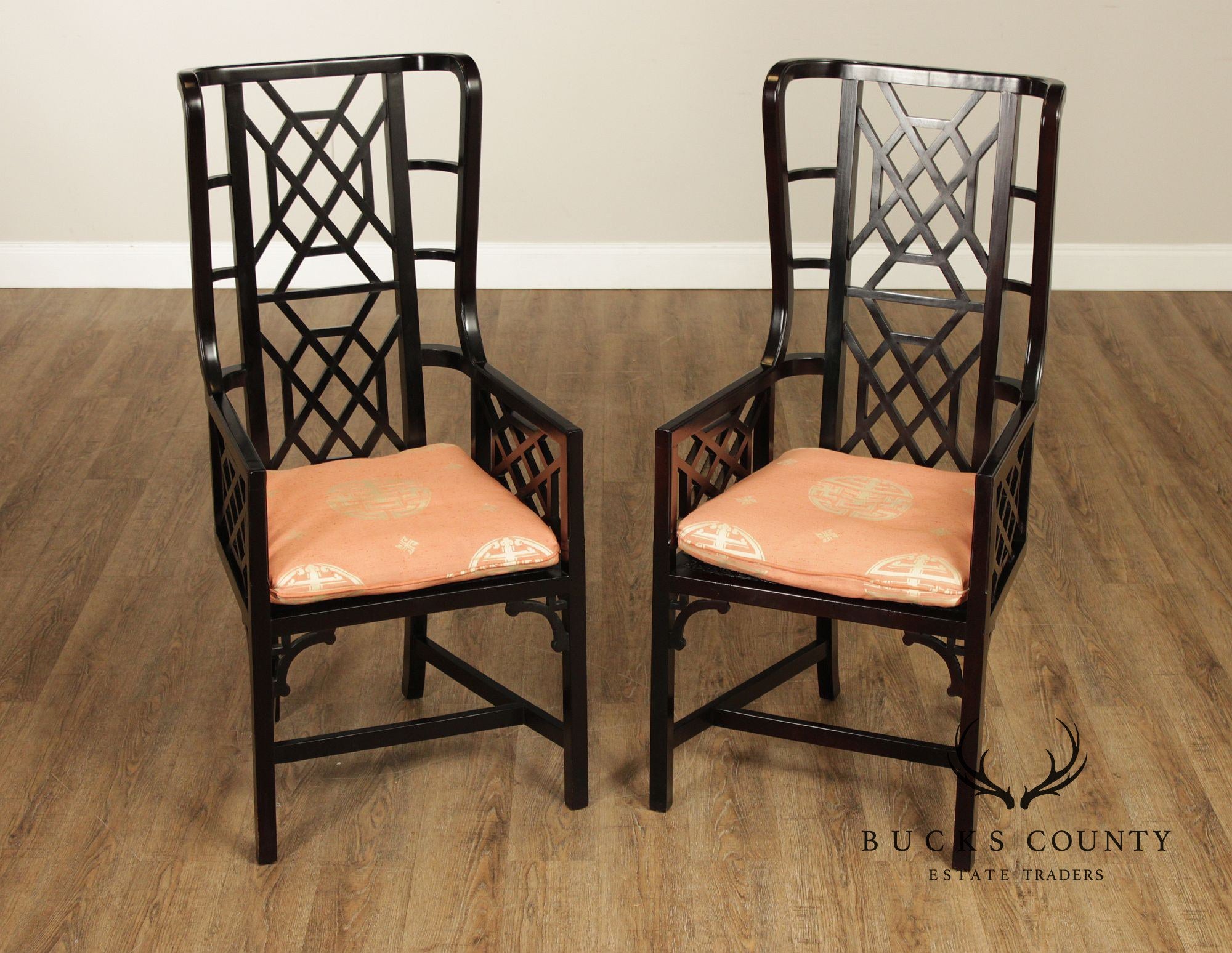 Chinese Chippendale Style Pair of Black Lacquer Armchairs
