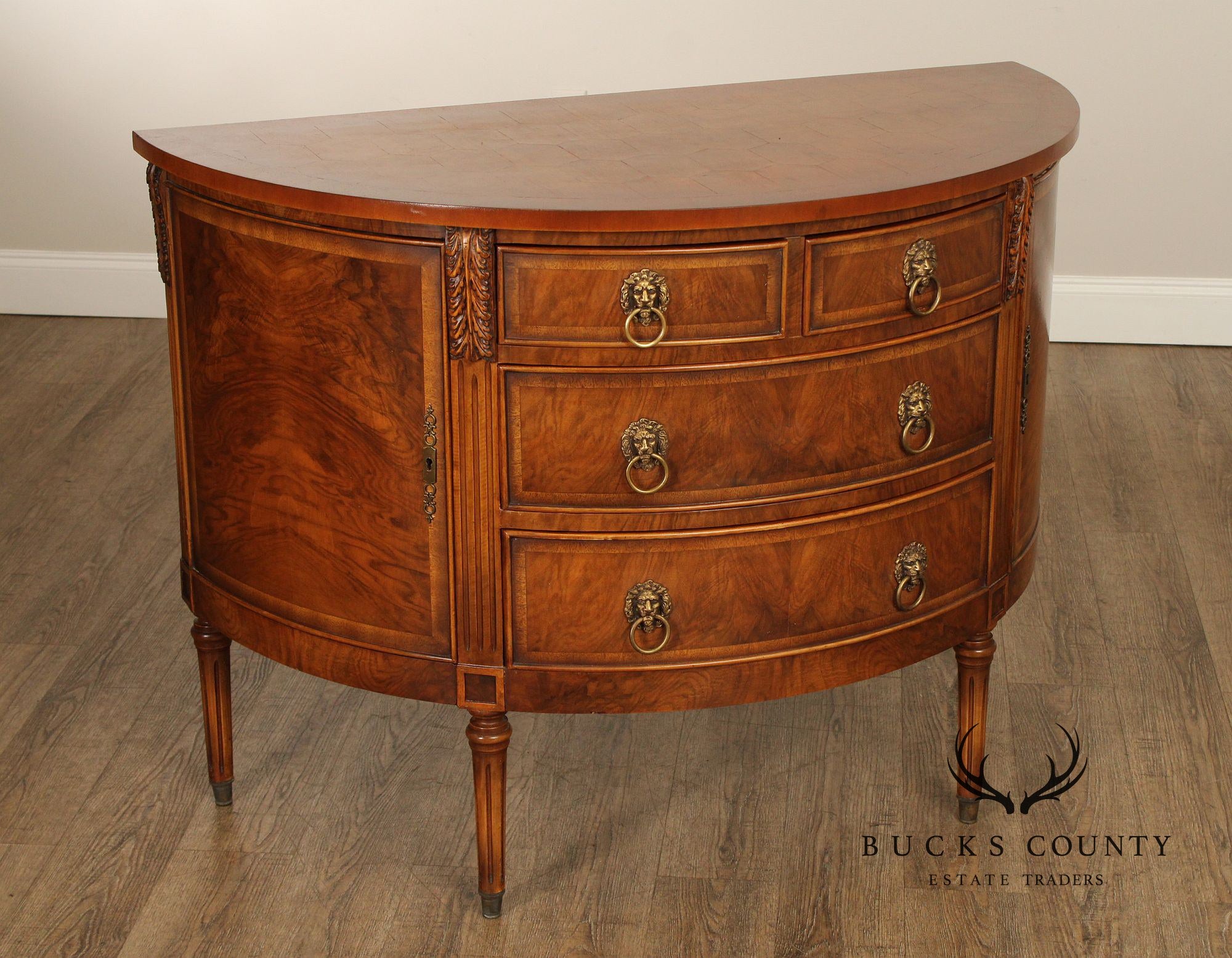 Regency Style Burl Walnut Demilune Commode