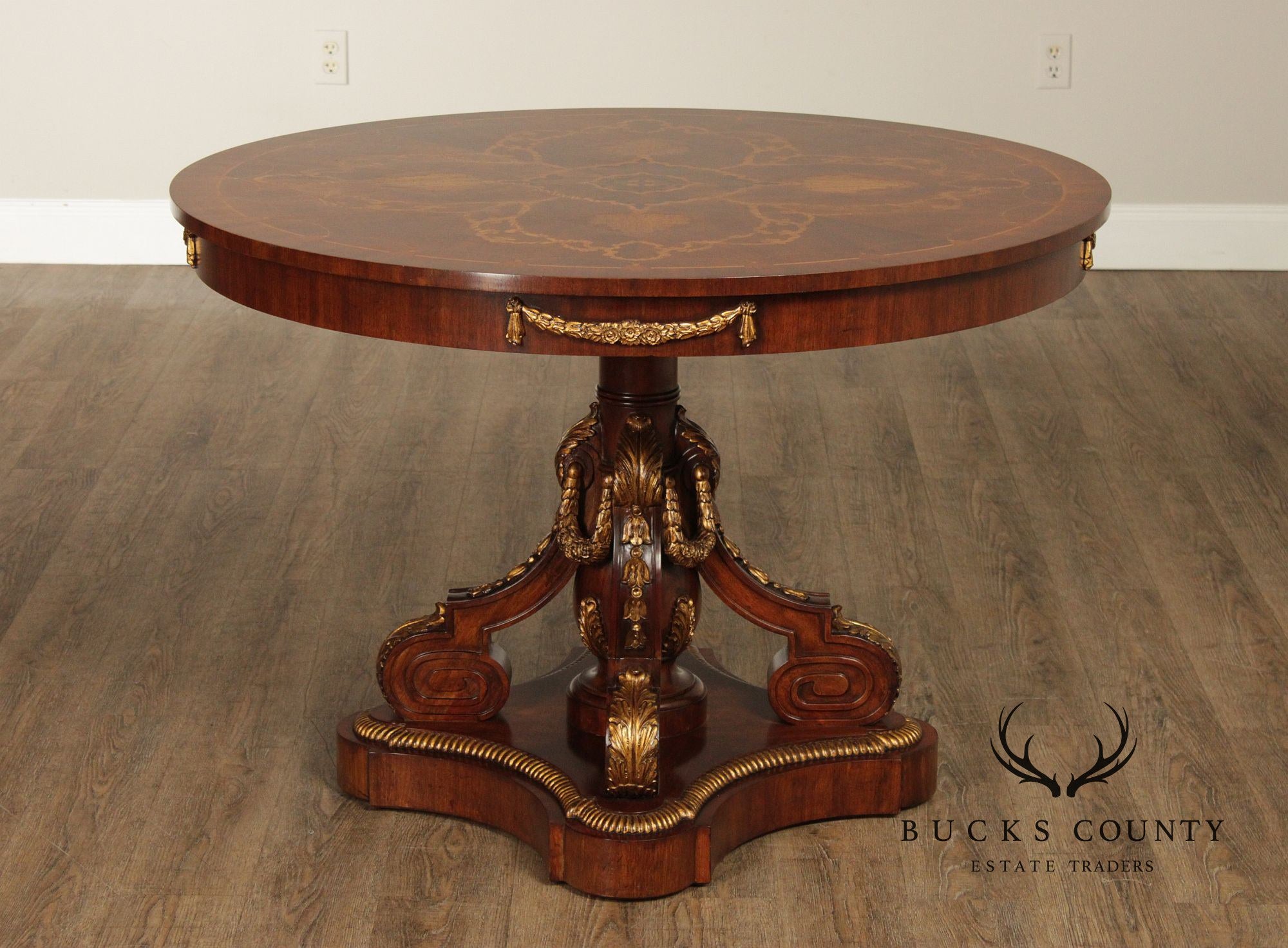 Maitland-Smith Round Inlaid Mahogany Round Center Table With Gilt Accents