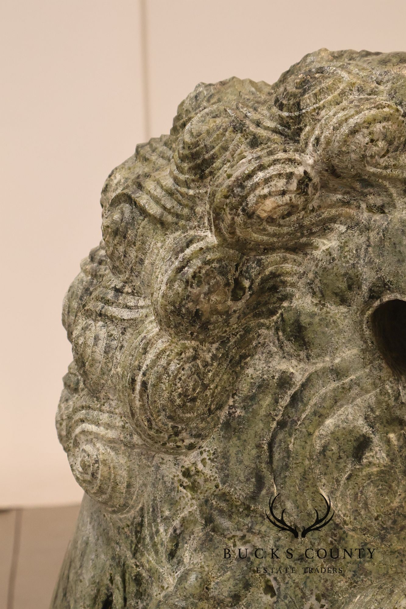 Large Pair Of Carved Green Marble Foo Dogs Guardian Lions