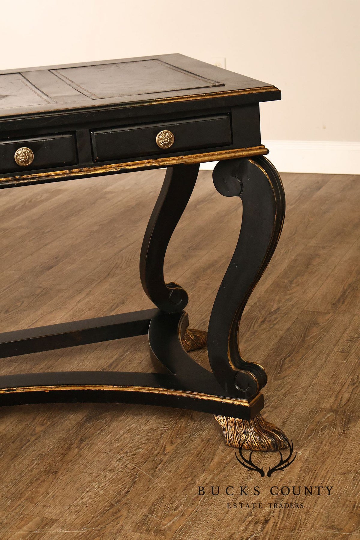 Century Furniture Ebonized And Gilt Executive Writing Desk With Leather Top