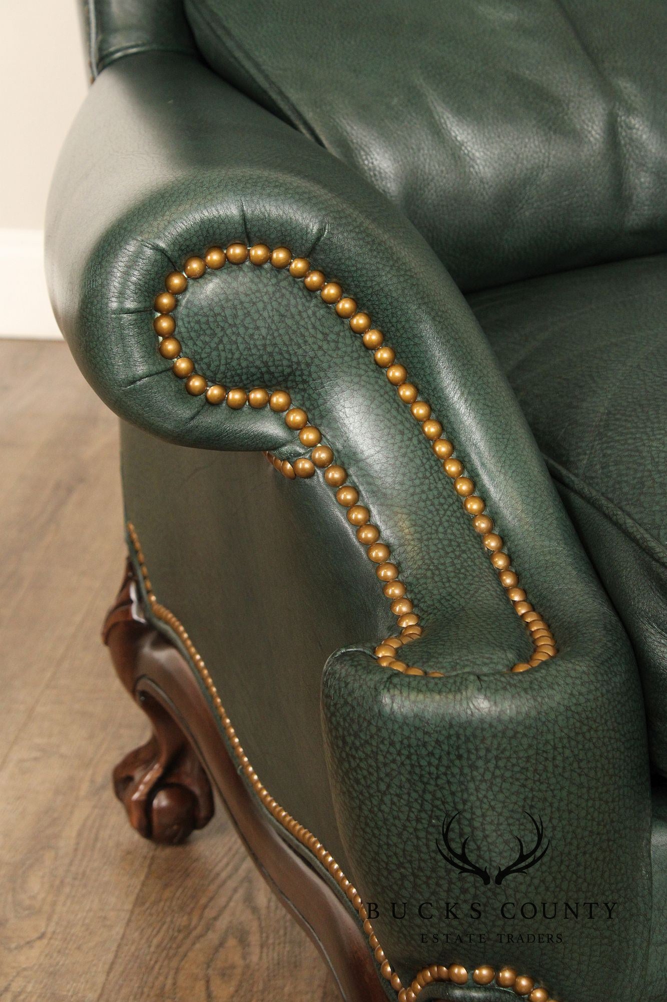 Hancock & Moore Chippendale Style Pair Of Green Leather Bustle Back Wing Chairs