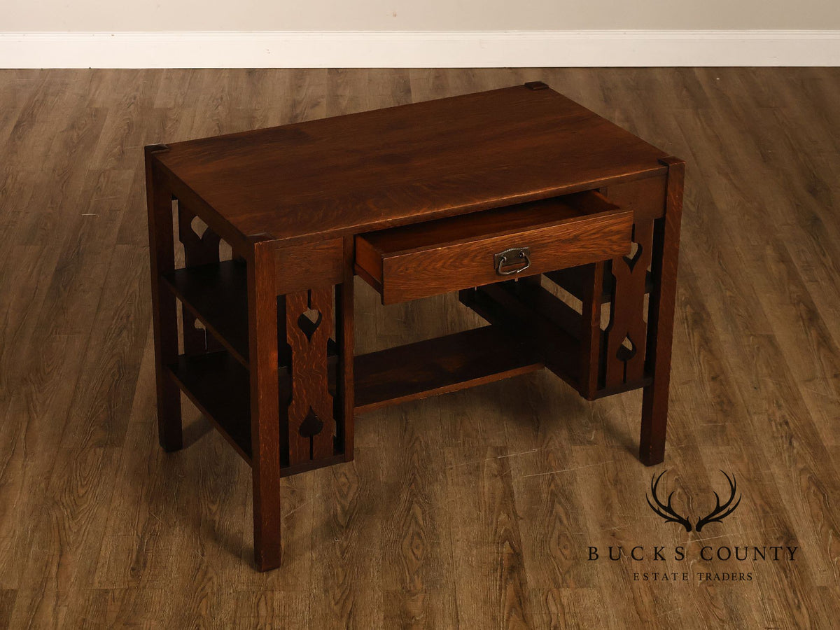 Antique Arts And Crafts Mission Oak Writing Desk With Side Shelves
