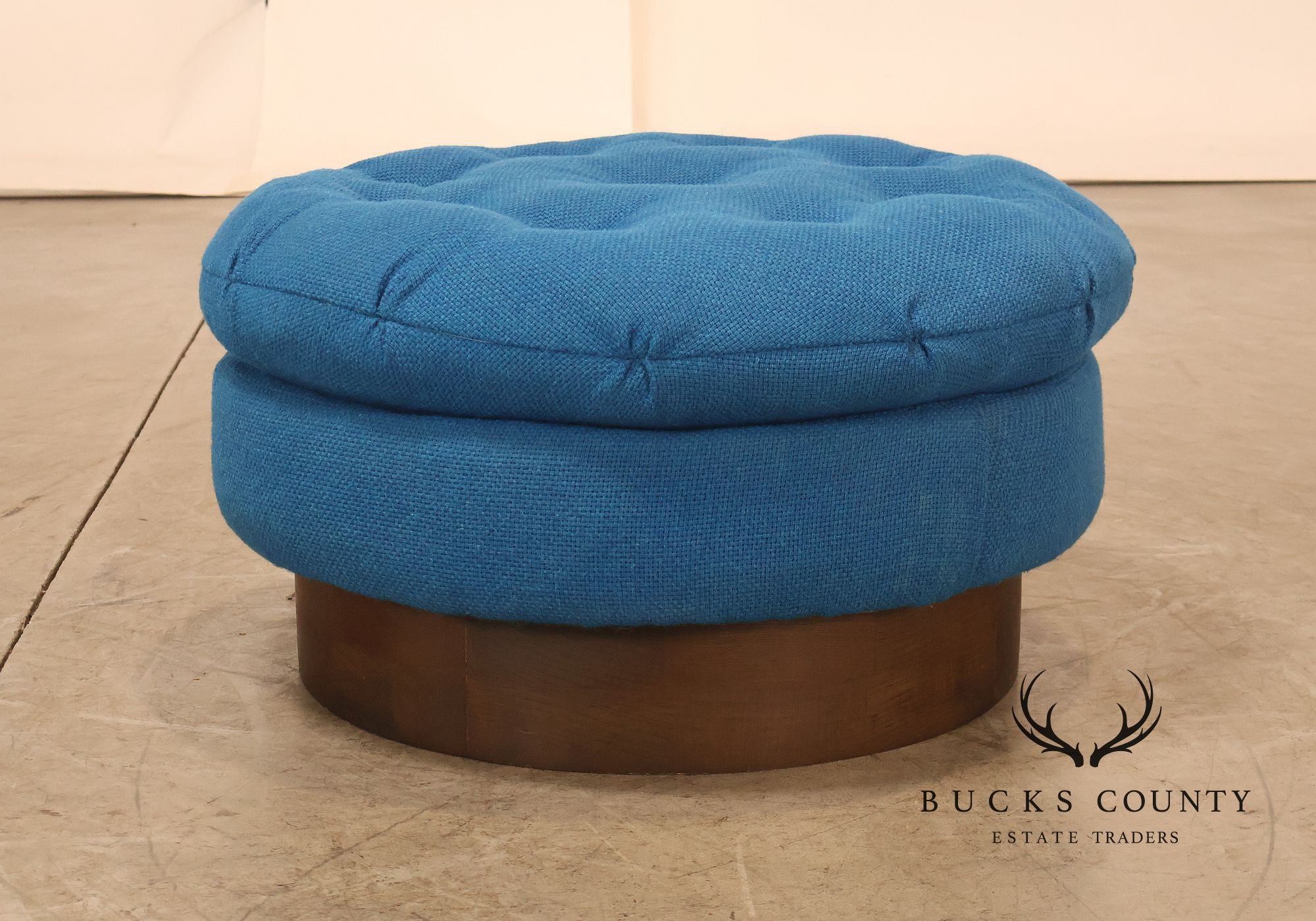 Vintage Schnadig Mid Century Modern Round Blue Upholstered Ottoman
