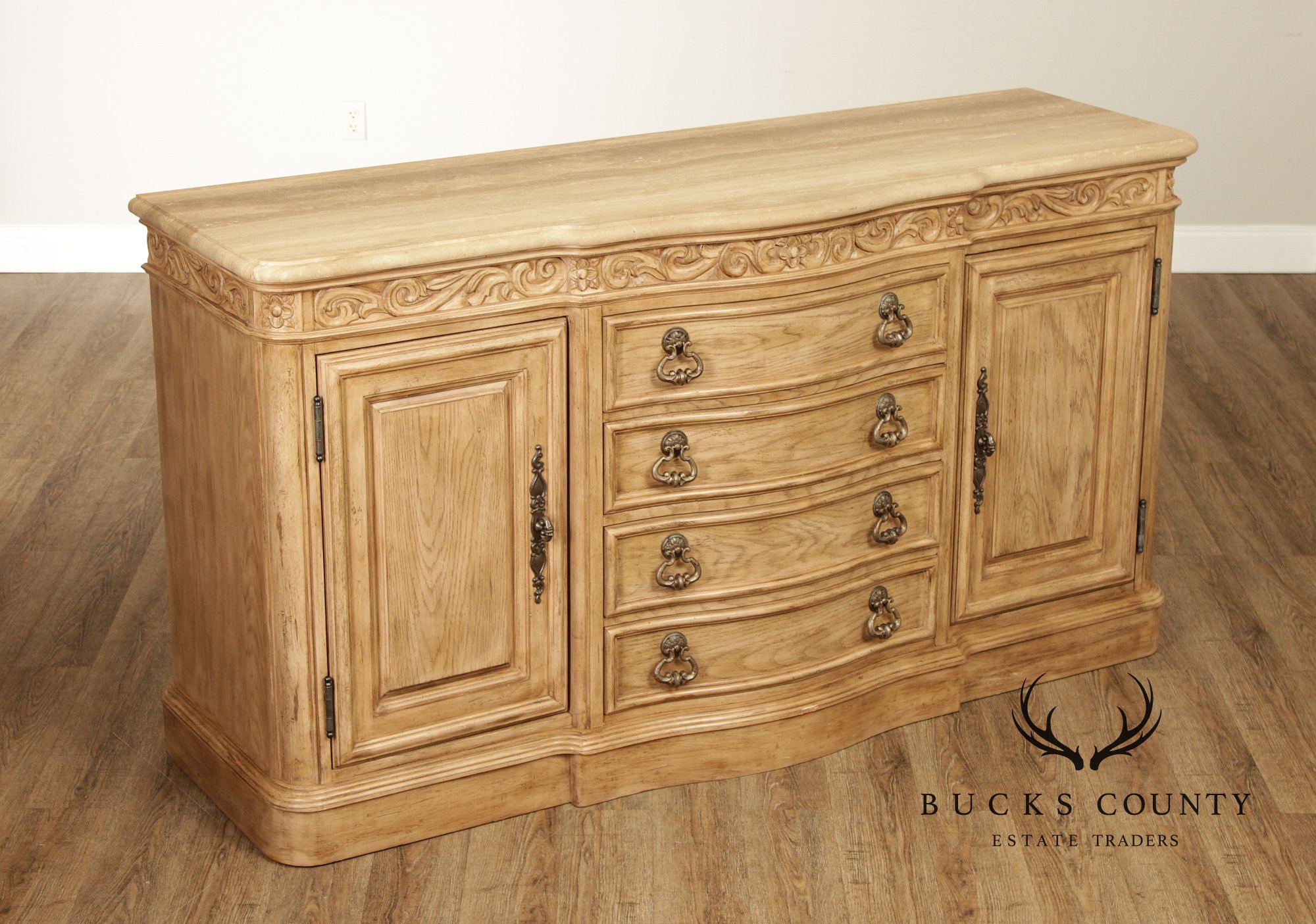 Bernhardt Tuscan Style Carved Cerused Oak Sideboard With Travertine Top