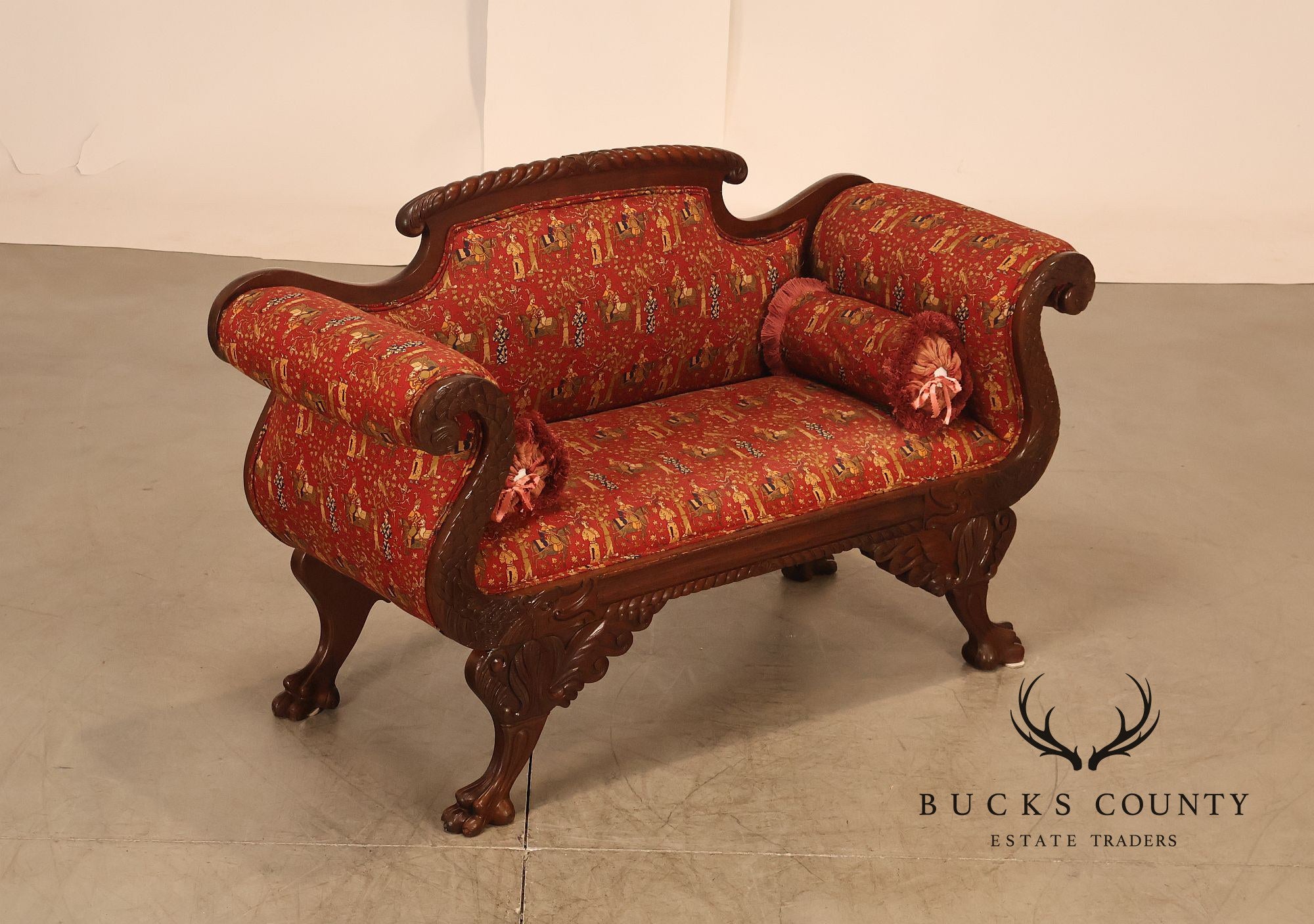 Antique American Empire Carved Mahogany Sofa With Scrolled Arms And Lion Paw Feet