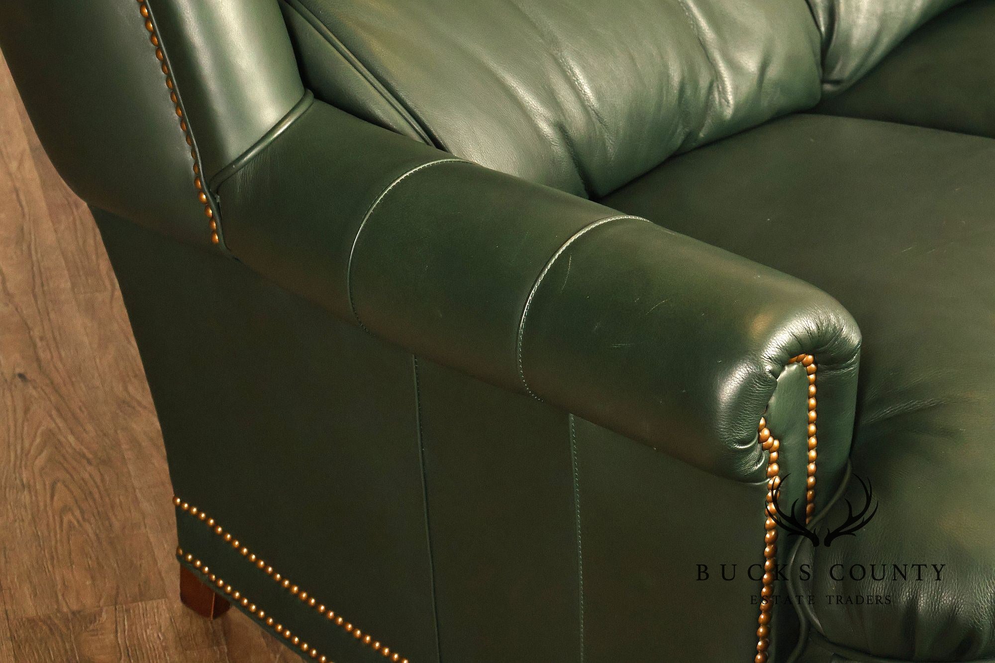Hancock & Moore Green Leather Nailhead Trim Sofa
