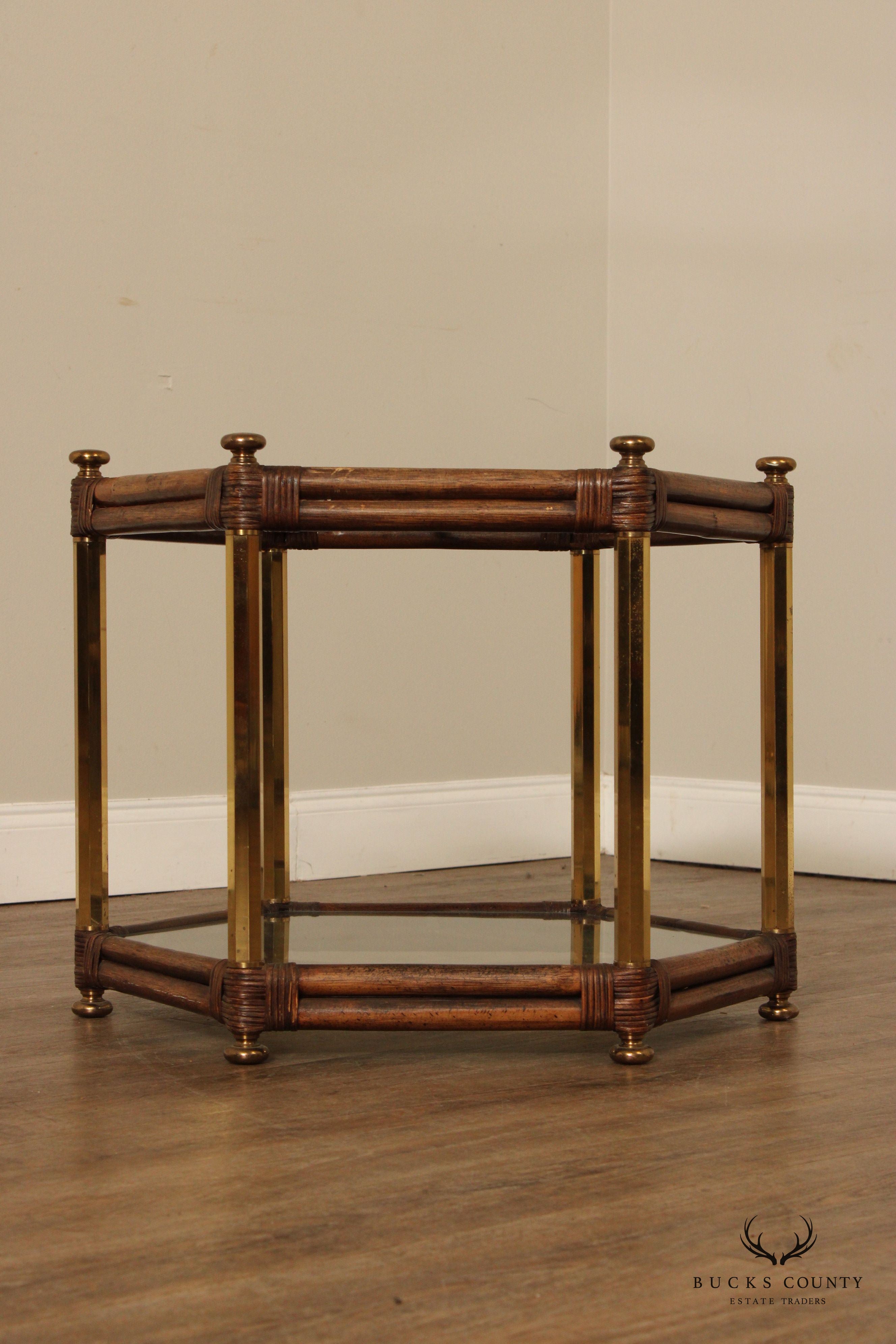 Hollywood Regency Vintage Two-Tier Glass Top Bamboo Side Table