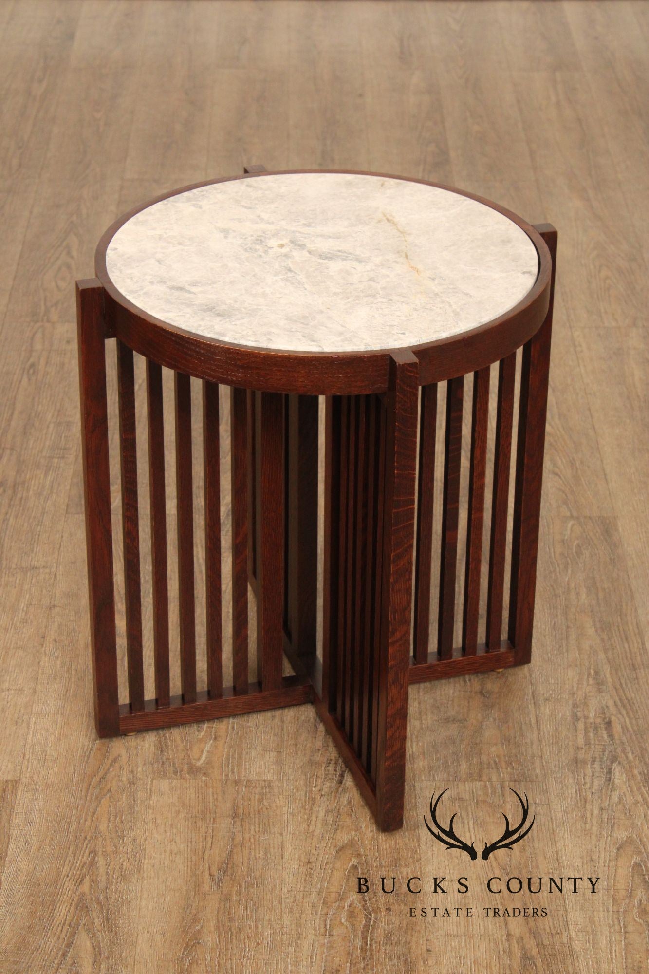 Stickley Park Slope Collection Round Marble Top Oak End Table