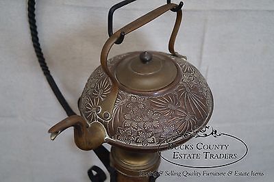 Antique 19th Century Copper Tea Kettle on Wrought Iron Stand