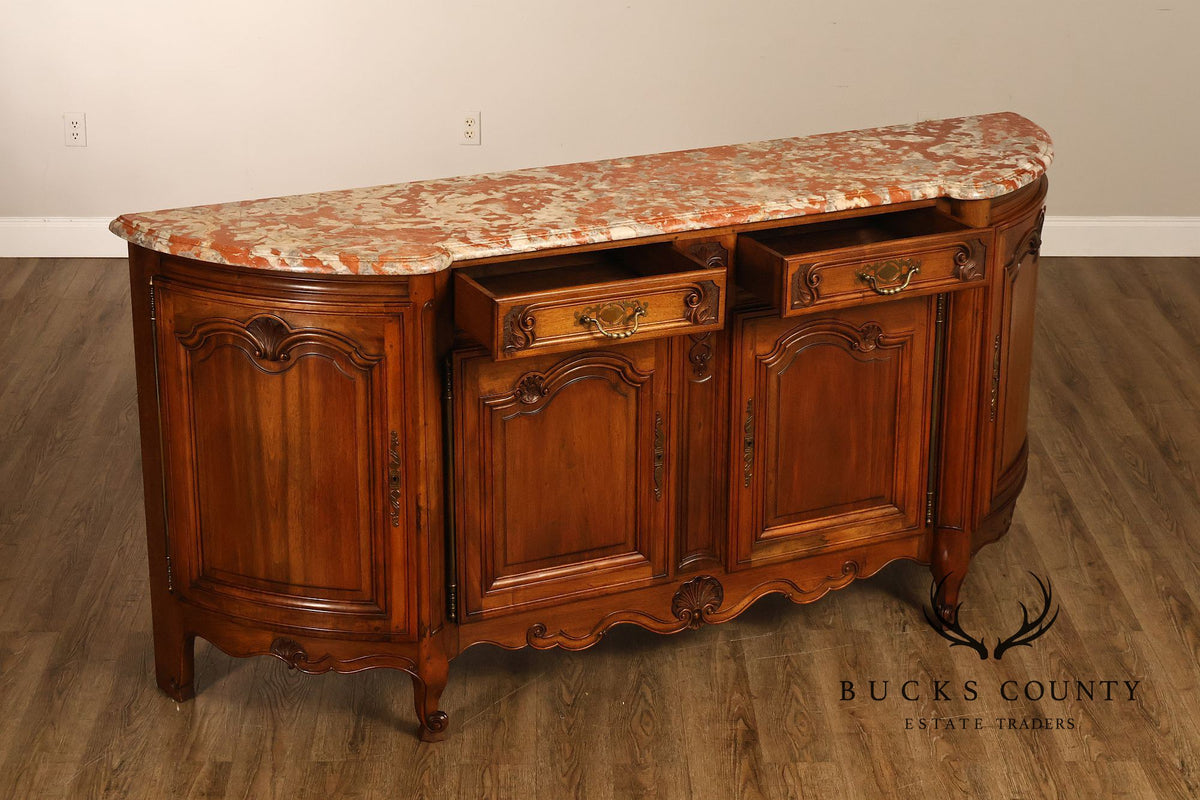 French Louis XV Style Carved Walnut Marble Top Buffet Sideboard