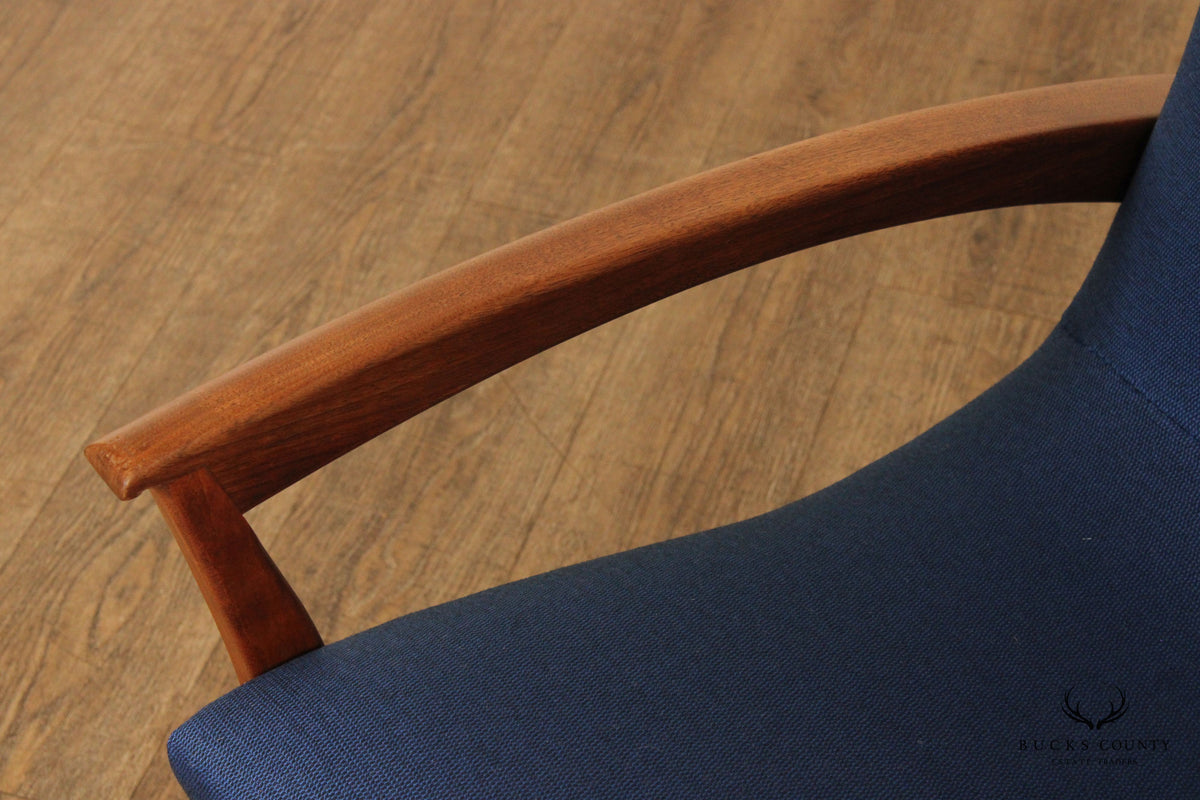 Quality Mid Century Modern Unusual Sculpted Walnut Pair Of Three Legged Lounge Chairs