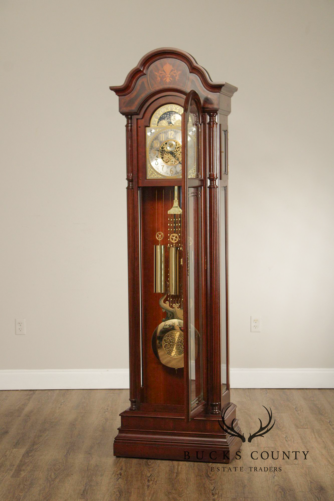 Sligh Mahogany Inlaid Grandfather Clock With Moon Phase Dial