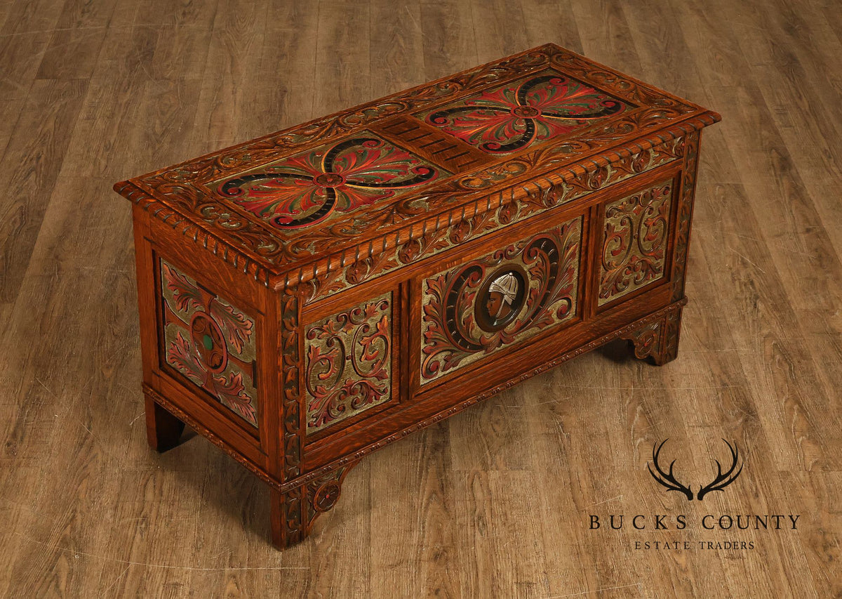 Berkey & Gay Carved And Painted Oak Spanish Revival Storage Chest