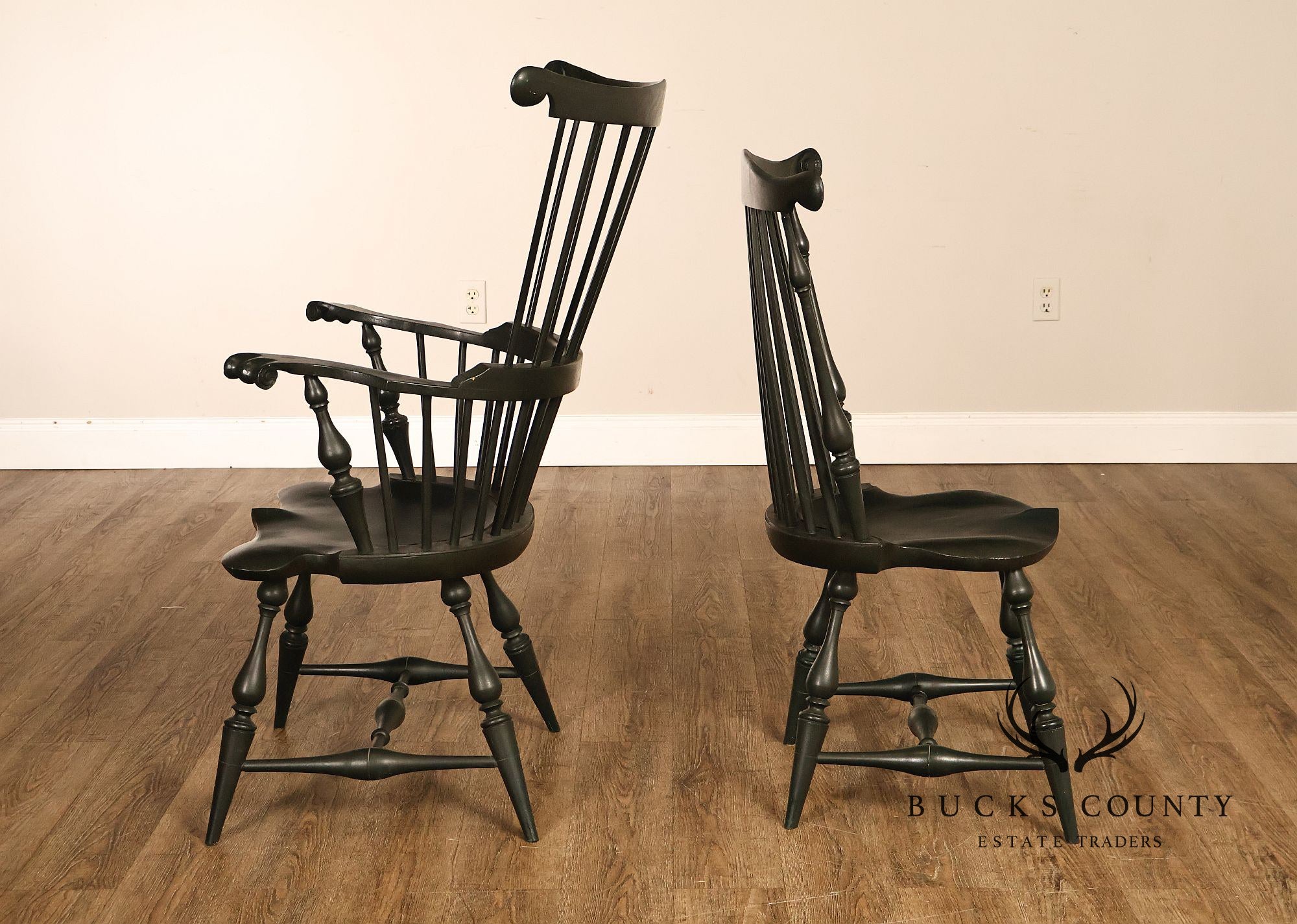 River Bend Chair Co. Set Of Eight Dark Green Painted Comb Back Windsor Dining Chairs