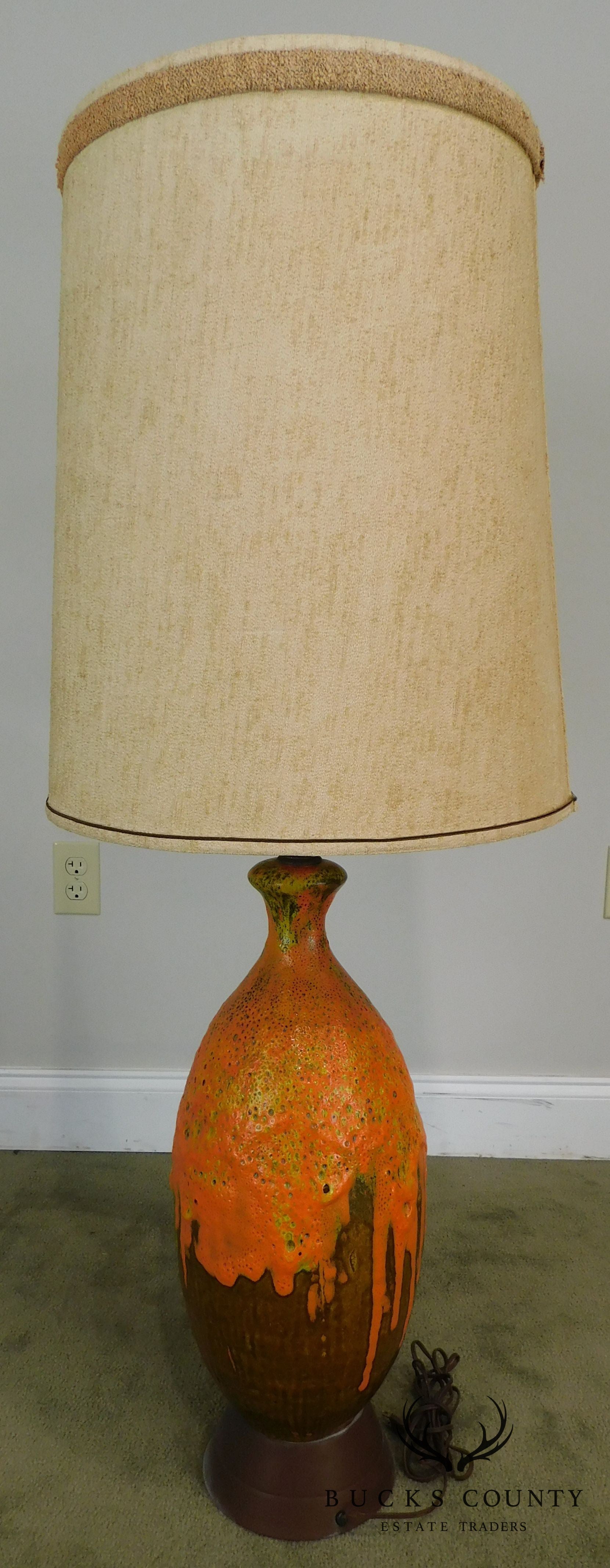 Mid Century Orange Lava Drip Glaze Ceramic Pottery Table Lamp