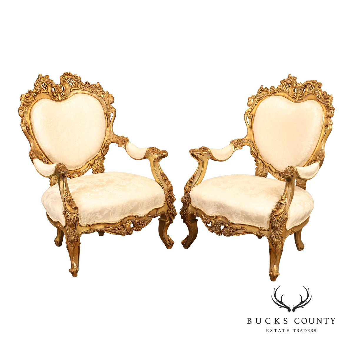 Italian Rococo Style Pair Of Carved Giltwood Upholstered Armchairs