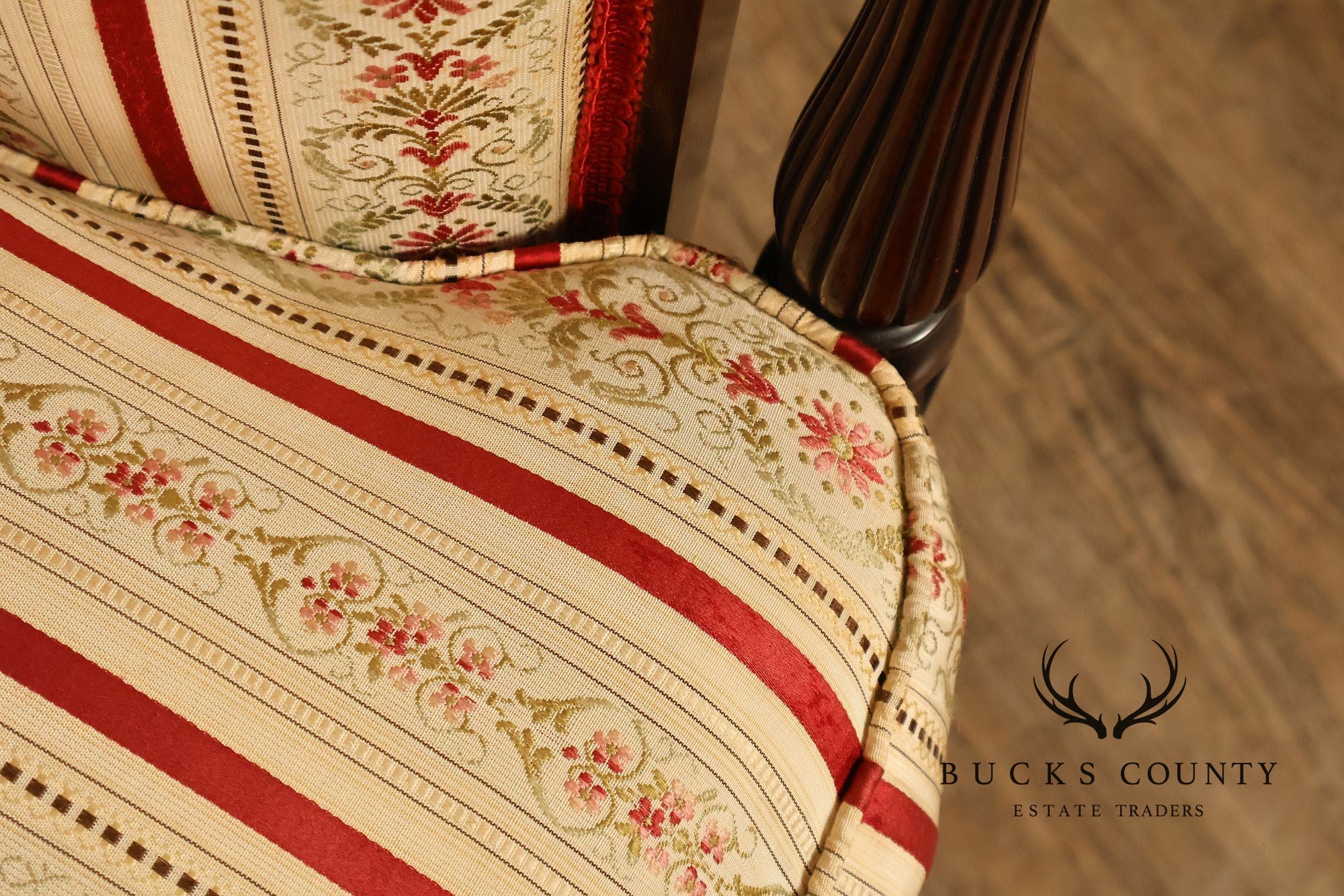 Vintage Sheraton Style Mahogany Inlaid Upholstered Loveseat