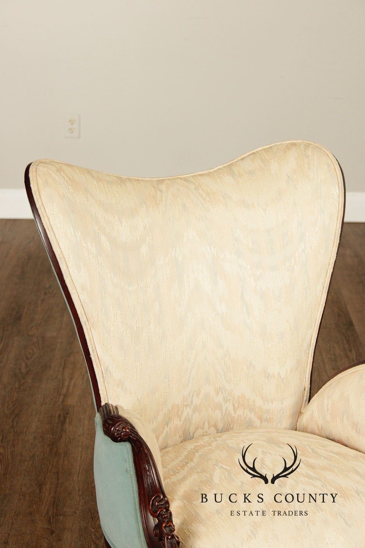 Vintage Mahogany Carved Fireside Armchair With Two-Tone Upholstery