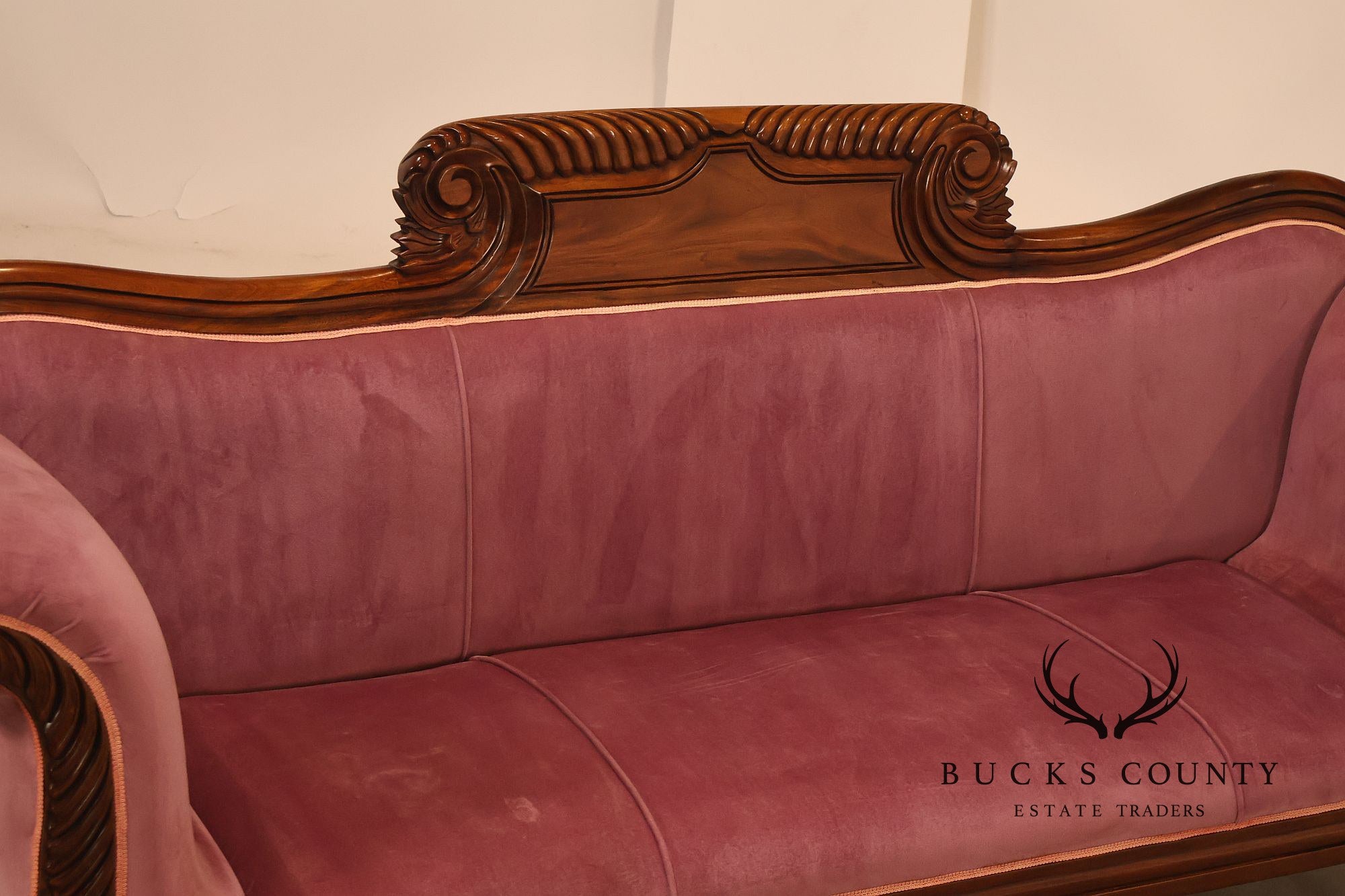 Victorian Style Mahogany Carved Wood Framed Pink Velour Upholstered Sofa