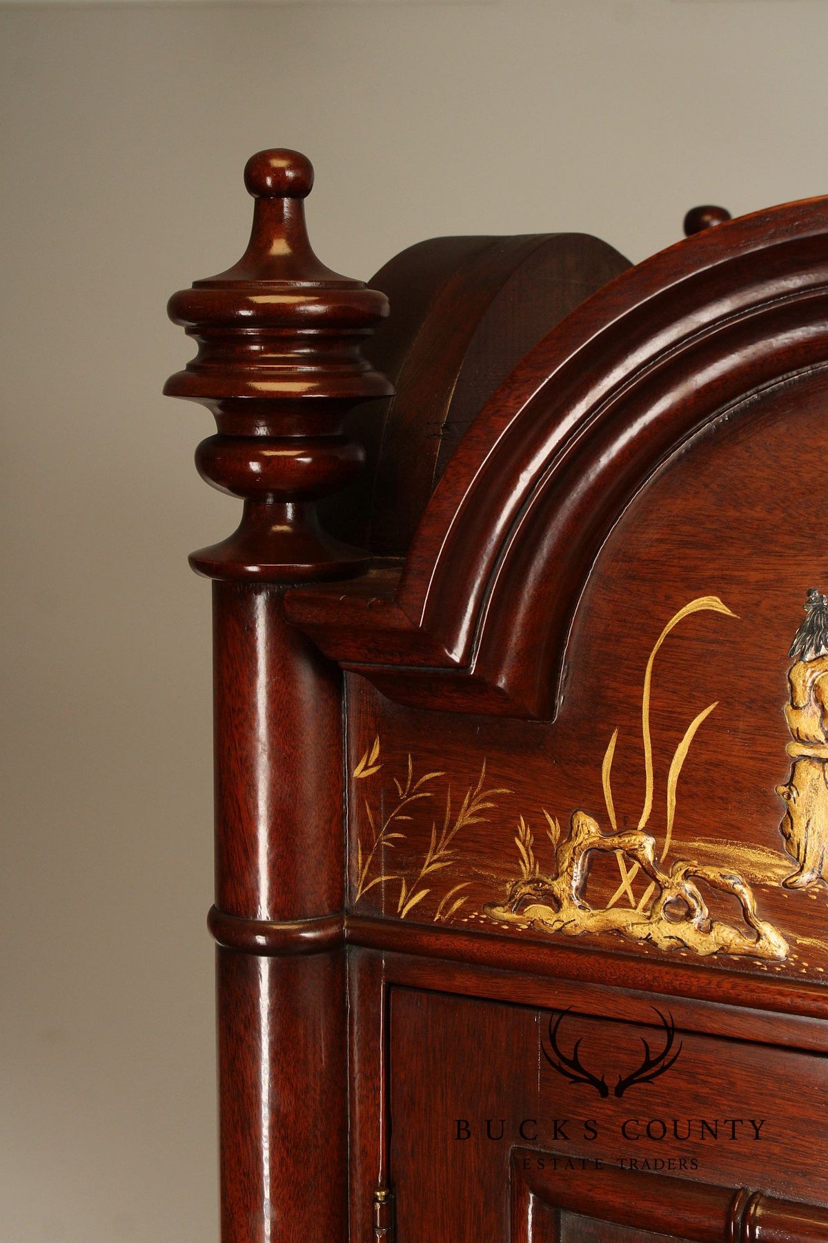 Chinoiserie Style Mahogany Gentleman's Armoire With Faux Bamboo Moldings and Painted Panels
