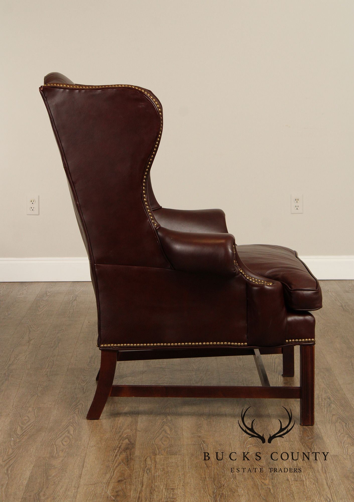 Chippendale Style Pair Of High Back Leather Wing Chairs