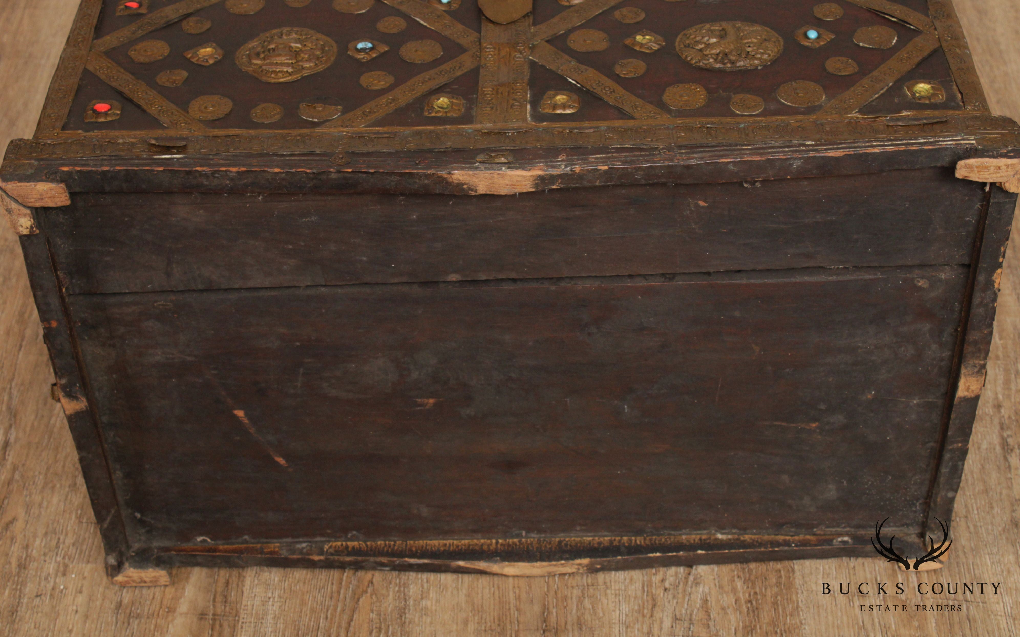 19th Century Tibetan Turquoise and Red Coral Decorated Travel Chest