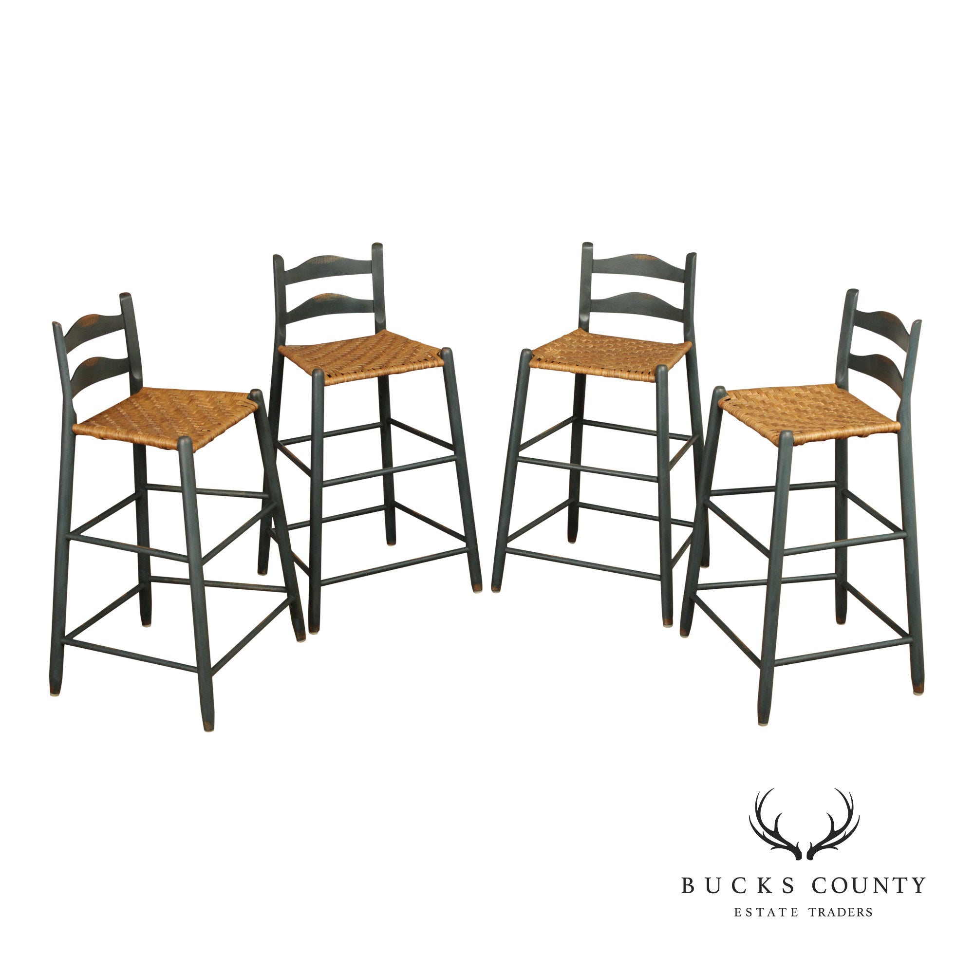 Farmhouse Style Set of Four Rush-Seat Bar Stools