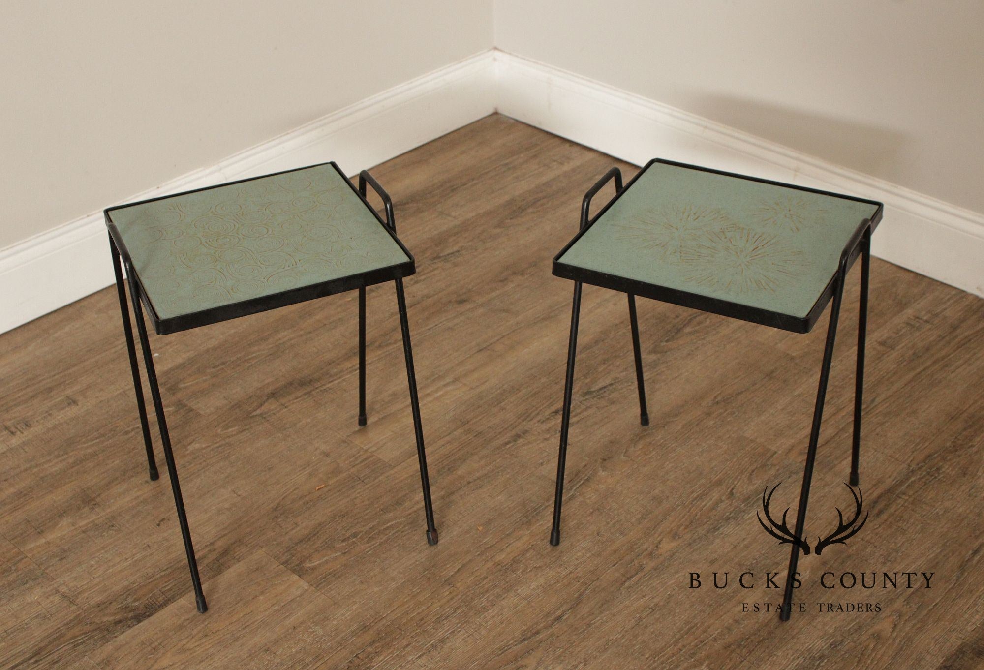 Mid Century Modern Pair of Wrought Iron Tile Top Tray Tables