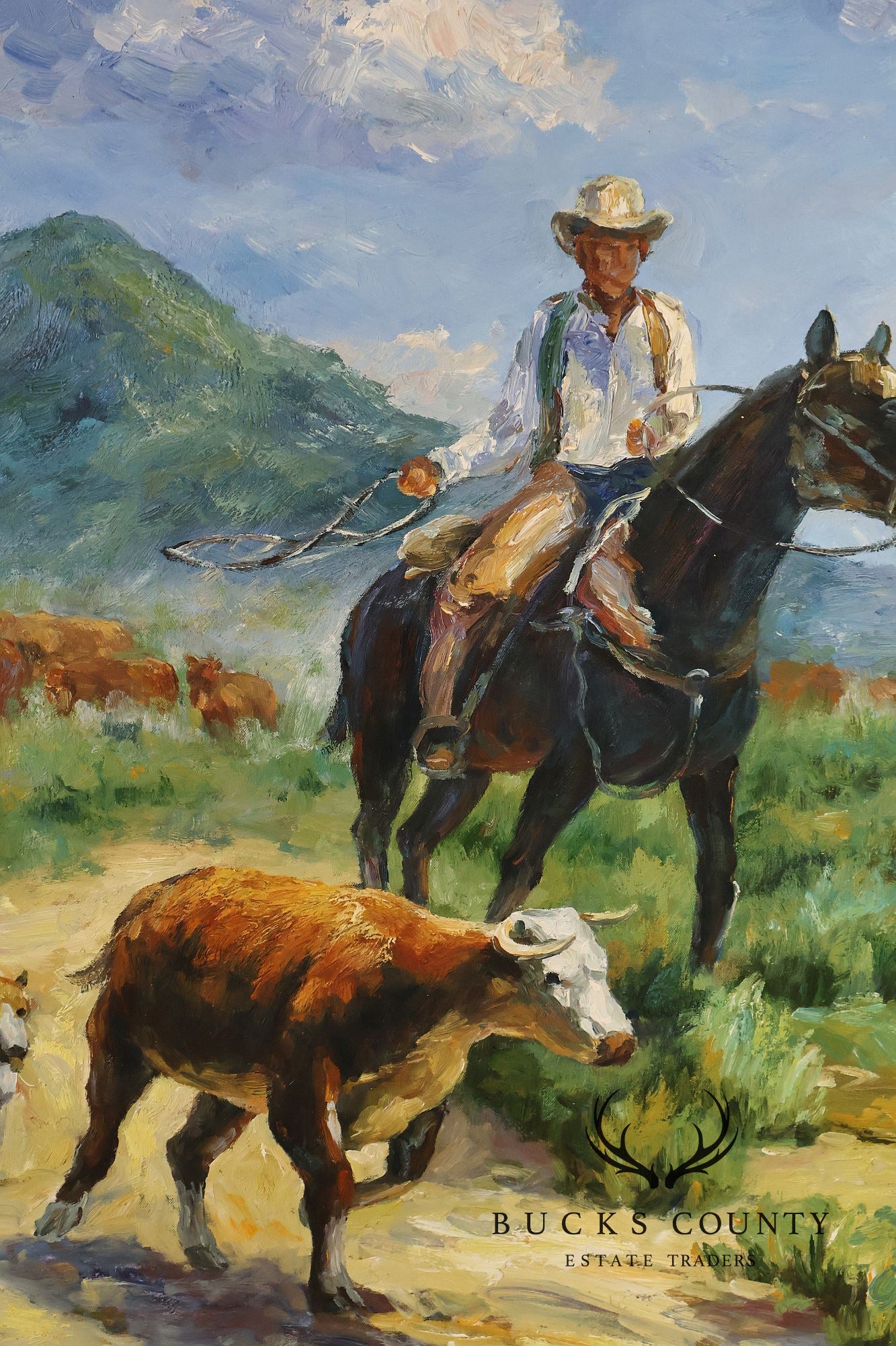 Western Cowboy on Horse Oil Painting on Canvas 55" x 43" Signed 'S. T. Cesent' in Gold Gilt Frame