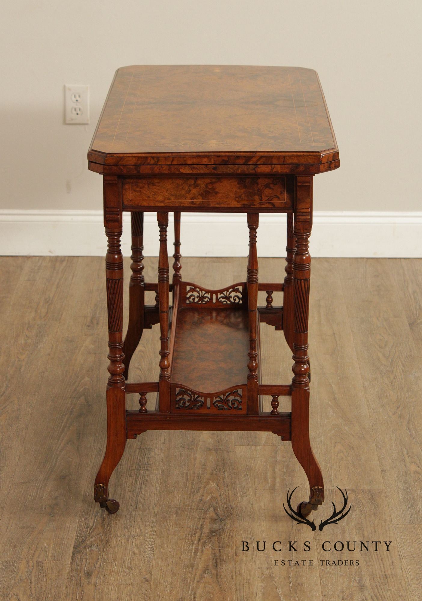 Antique English Burl Walnut Inlaid Games Table