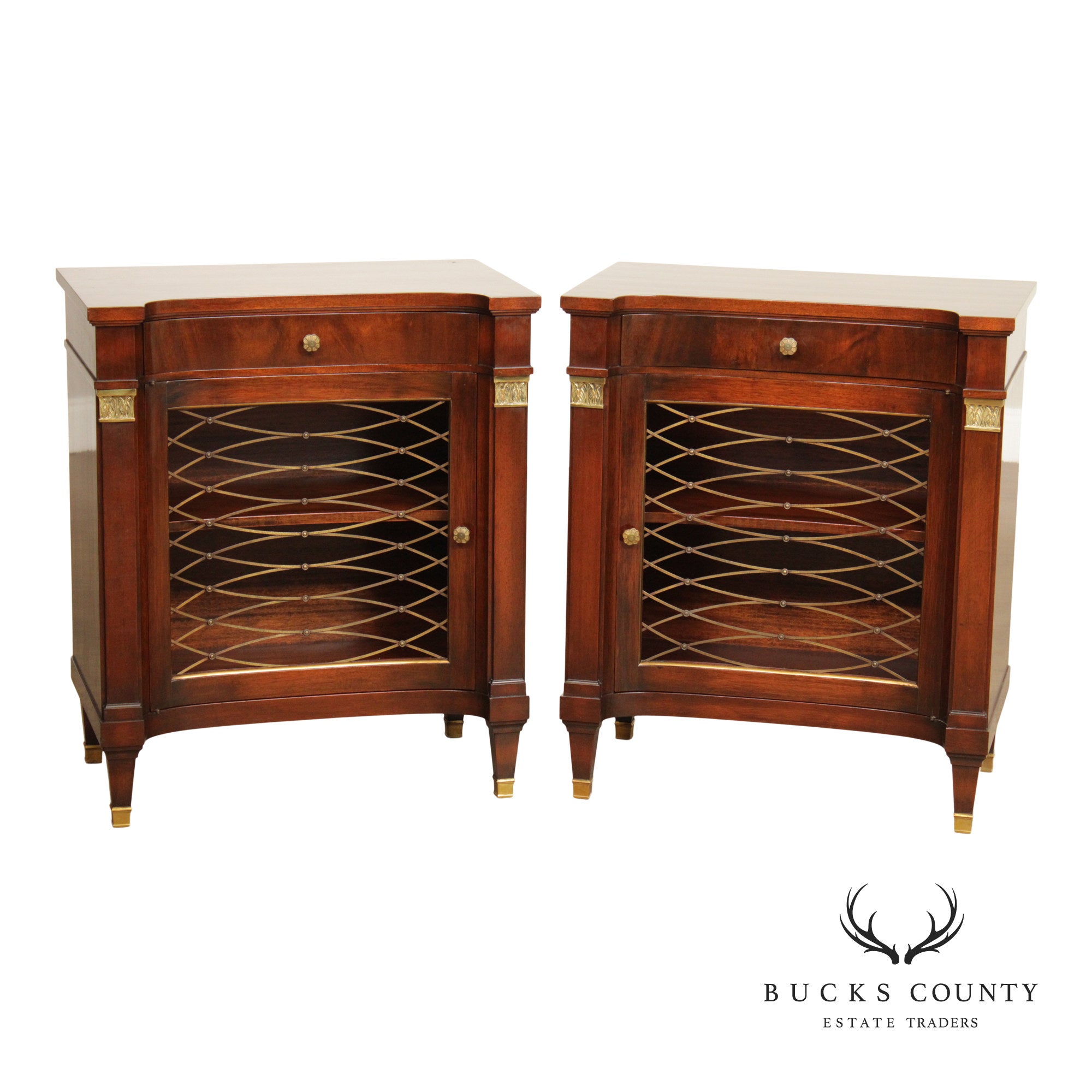 Regency Style Quality Vintage Pair of Mahogany Nightstands With Brass Accents