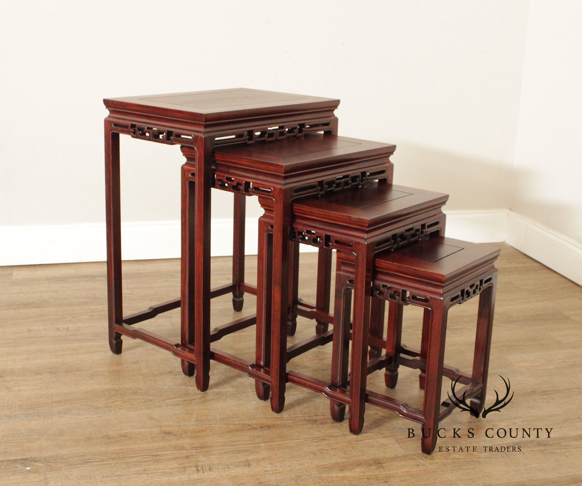 Chinese Vintage Set of Four Carved Rosewood Nesting Tables