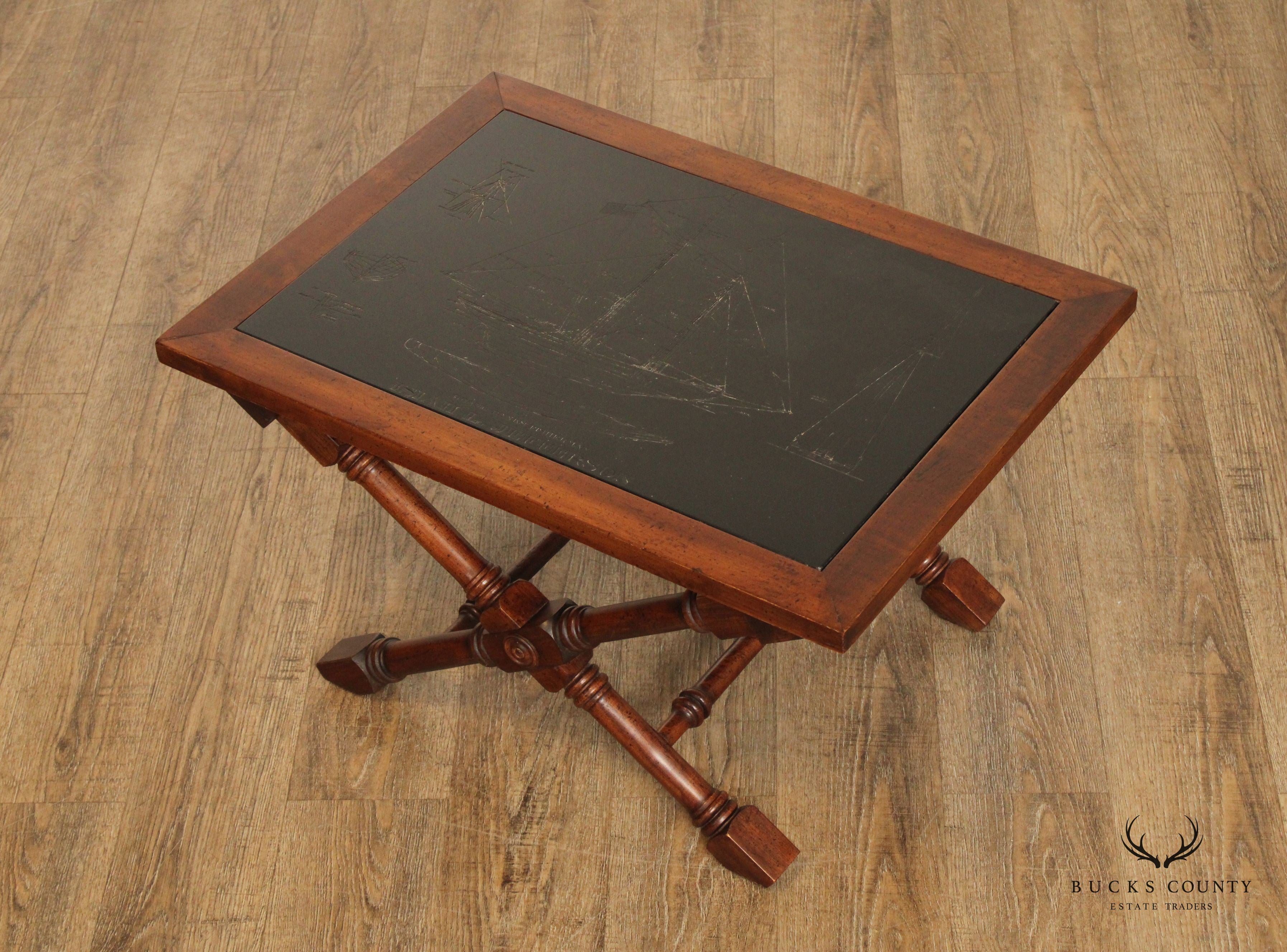 Vintage Nautical Campaign Style Slate and Wood Coffee Table