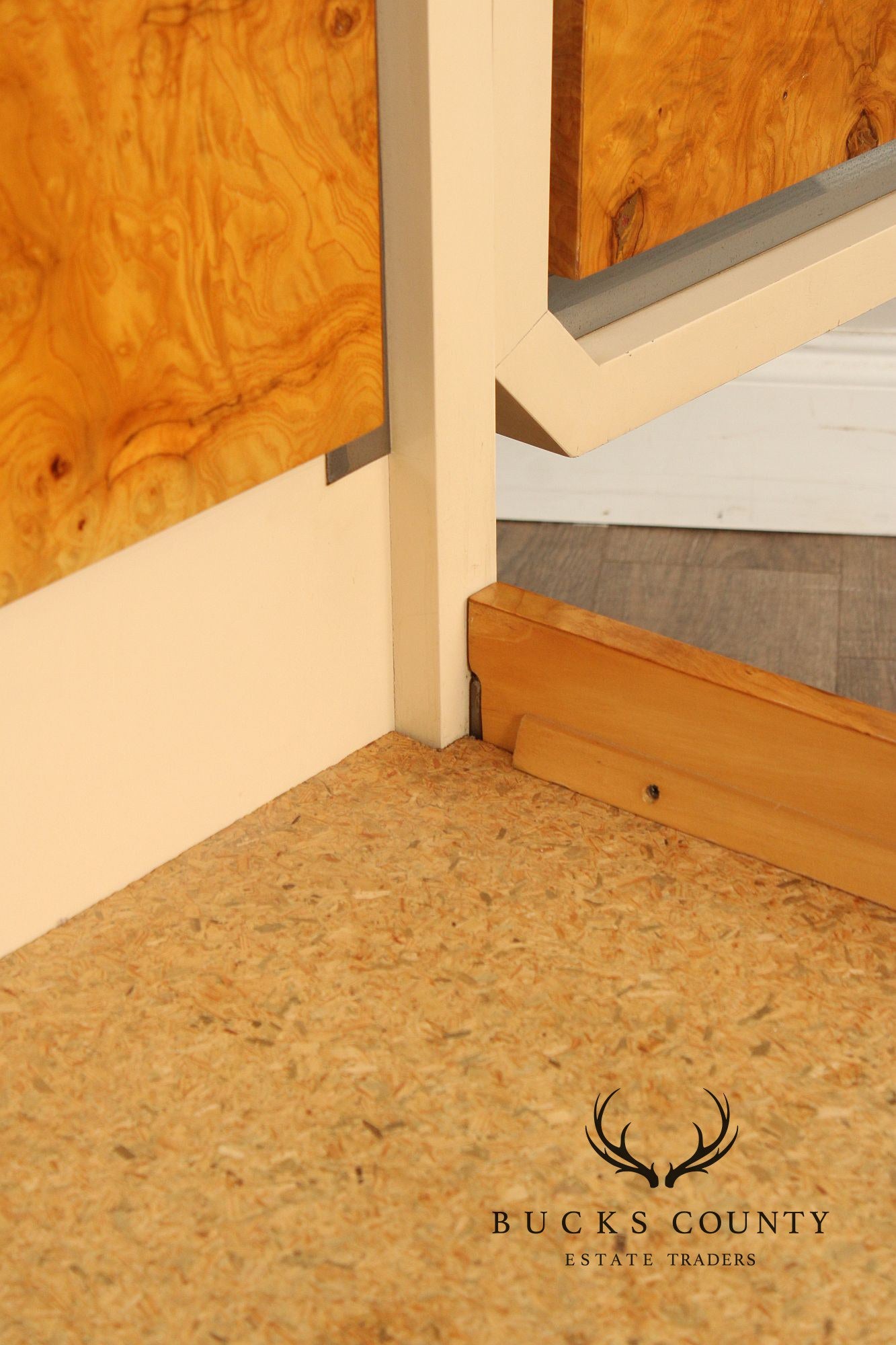 Pace Collection Mid Century Modern Burlwood Queen Size Platform Bed With Floating Headboard And Nightstands