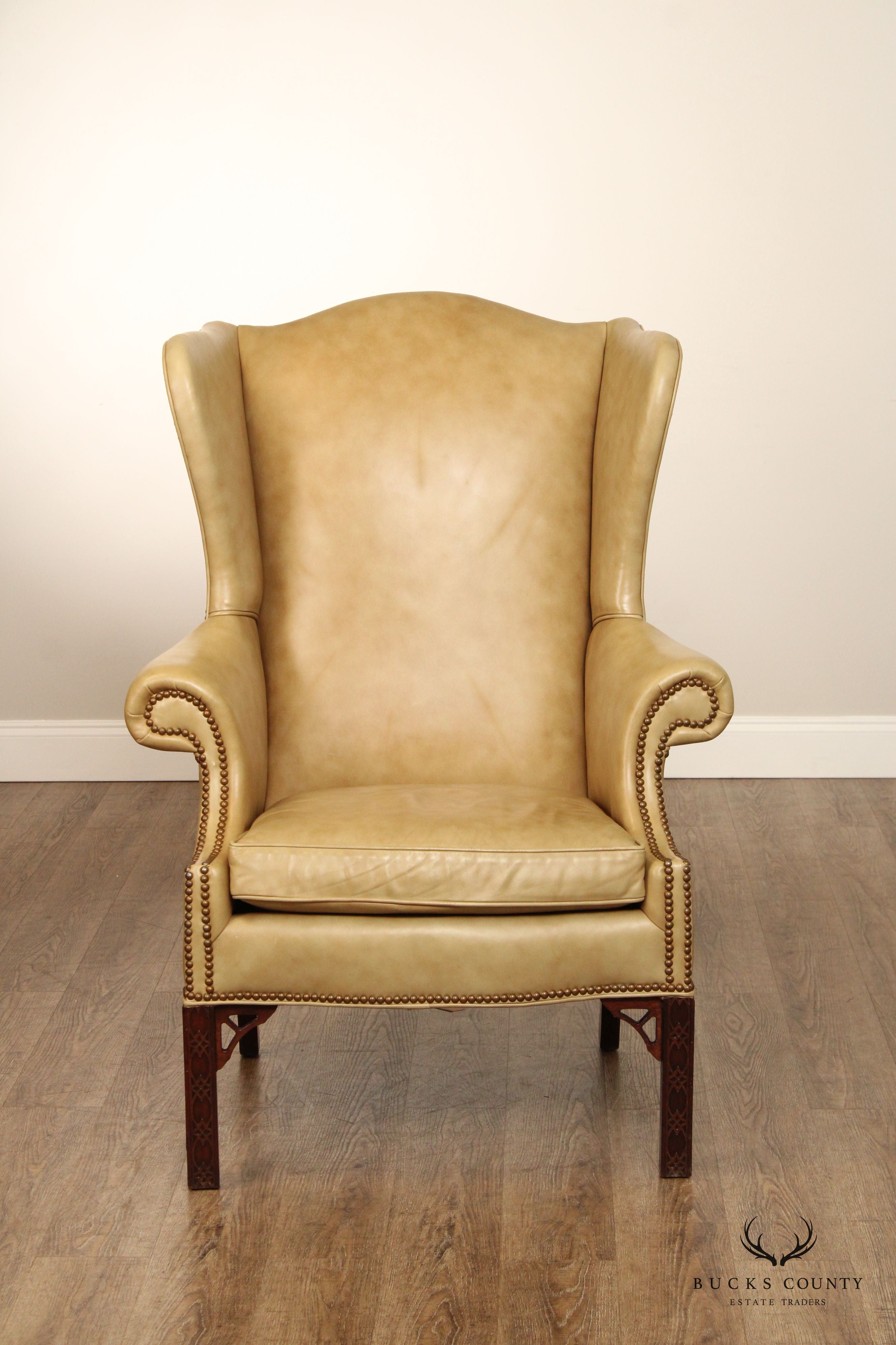 Chippendale Style Tan Leather Wing Chair