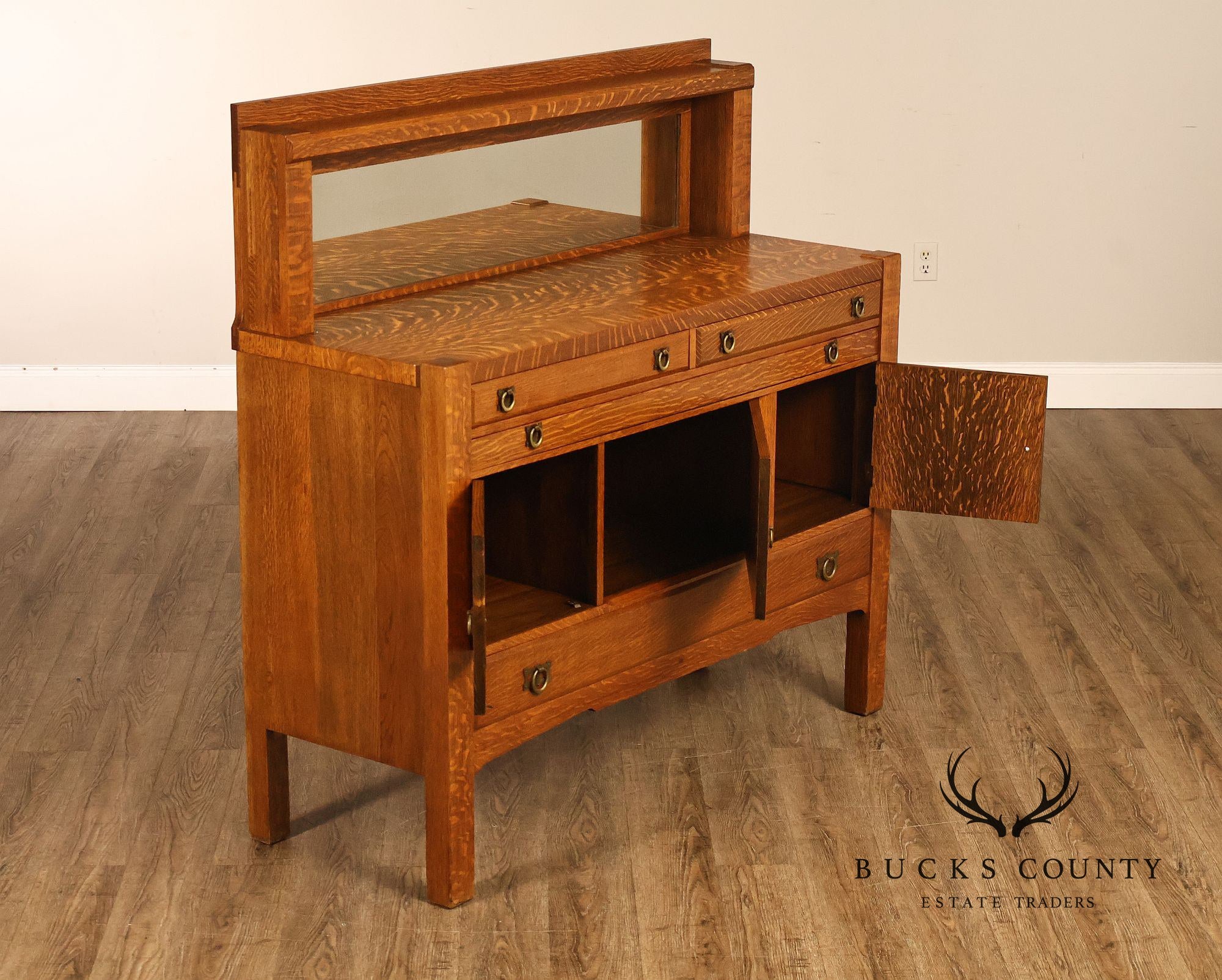 Antique Arts And Crafts Mission Oak Mirrored Sideboard Buffet