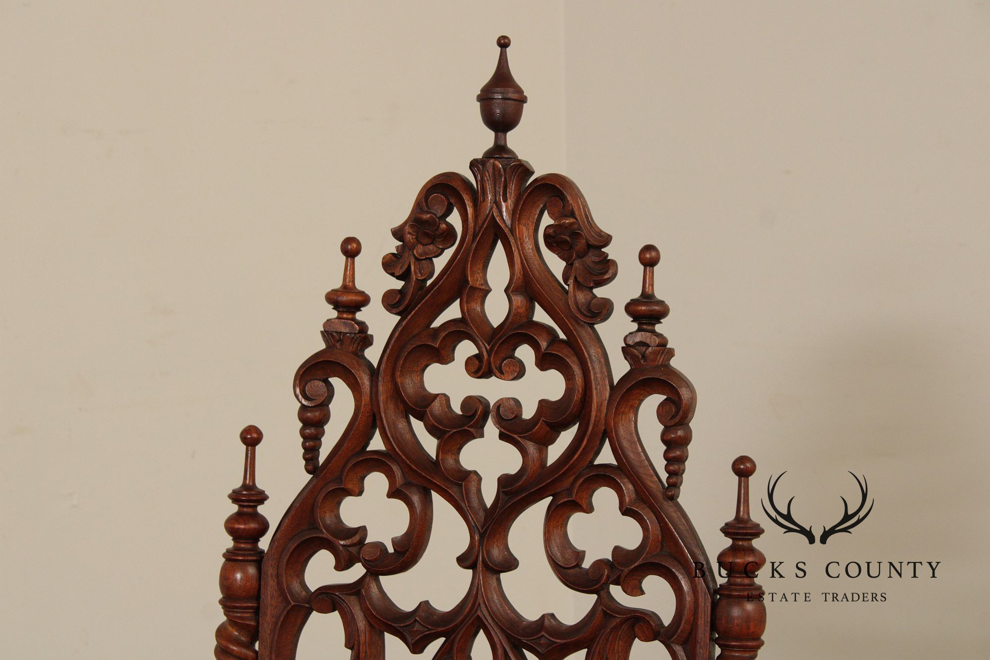 Antique American Gothic Revival Carved Walnut Throne Chair