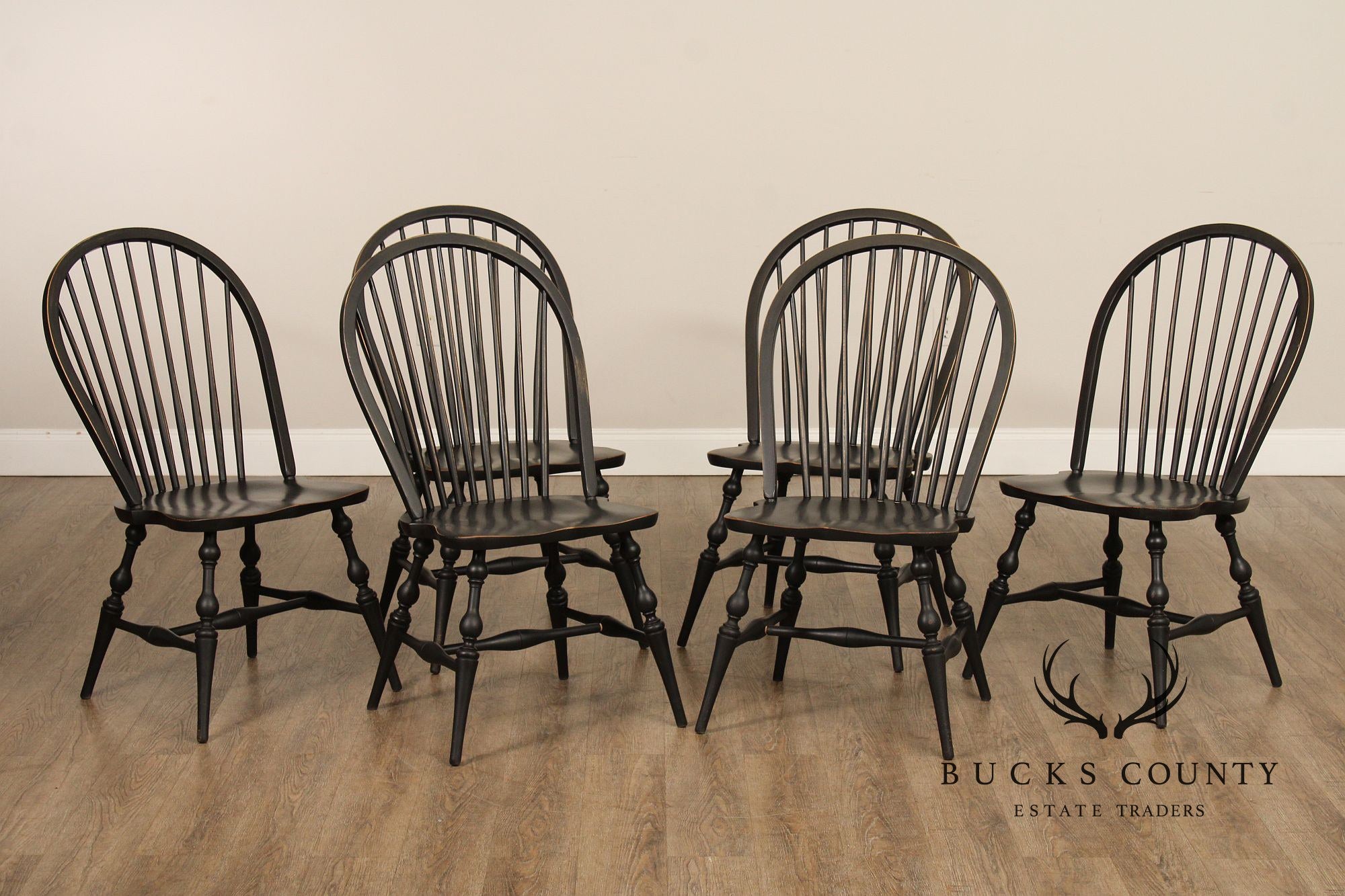 Farmhouse Style Set of Six Ebonized Windsor Dining Chairs