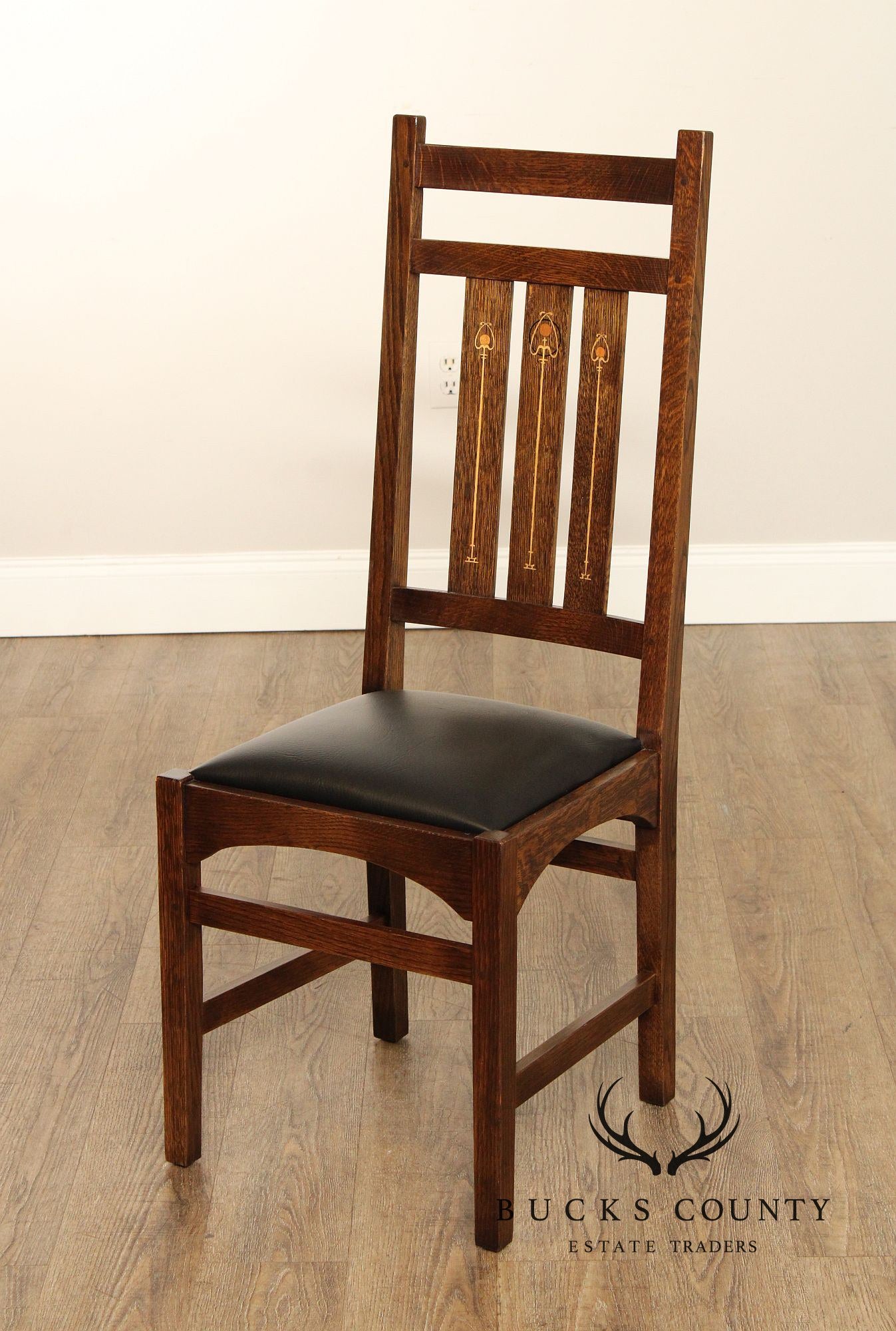 Stickley Mission Collection Set of Four Harvey Ellis Inlaid Oak Dining Chairs